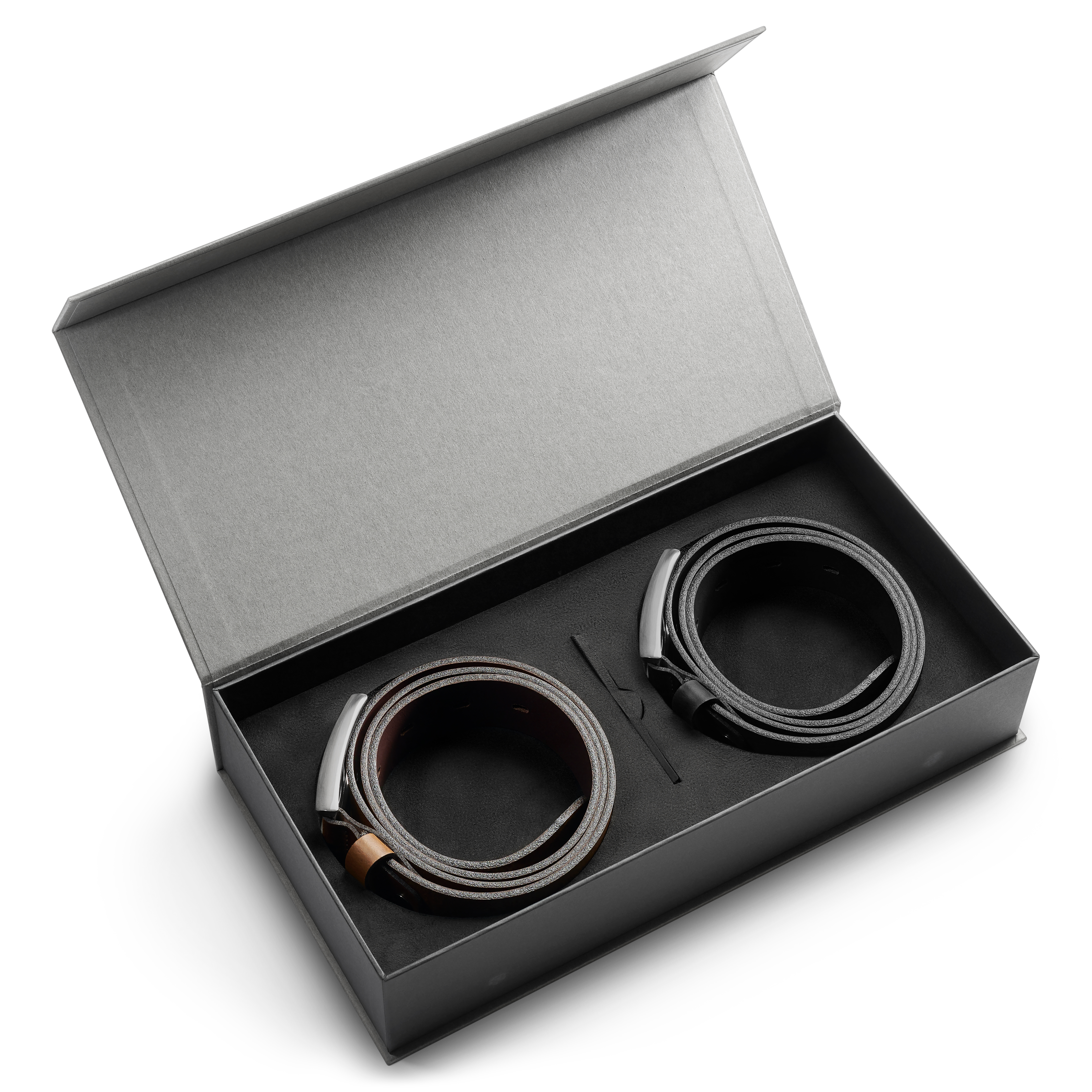 Coffret cadeau de ceintures en cuir italien noir et marron - 1