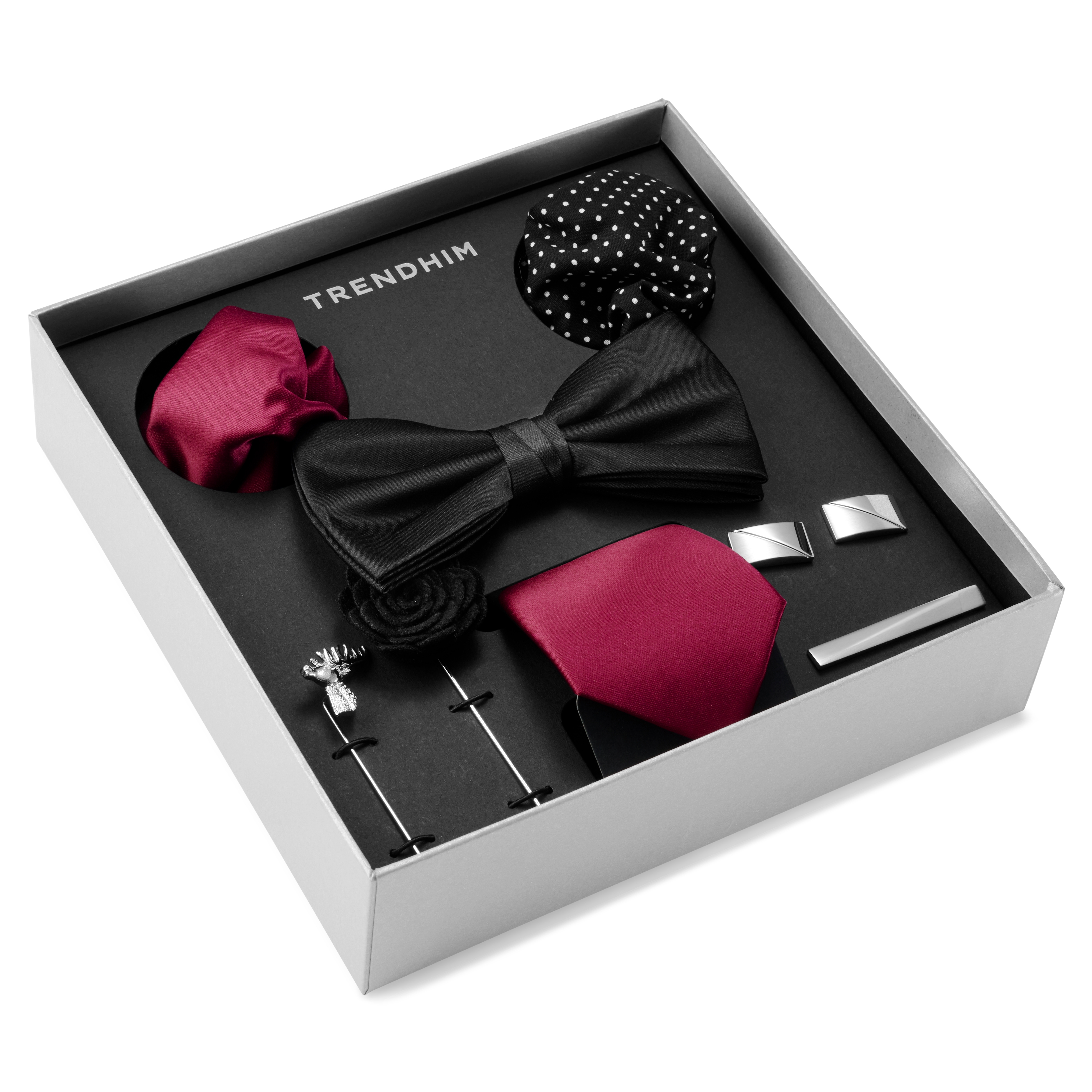 Suit Accessory Gift Box Black, Burgundy & SilverTone Set In stock! Trendhim