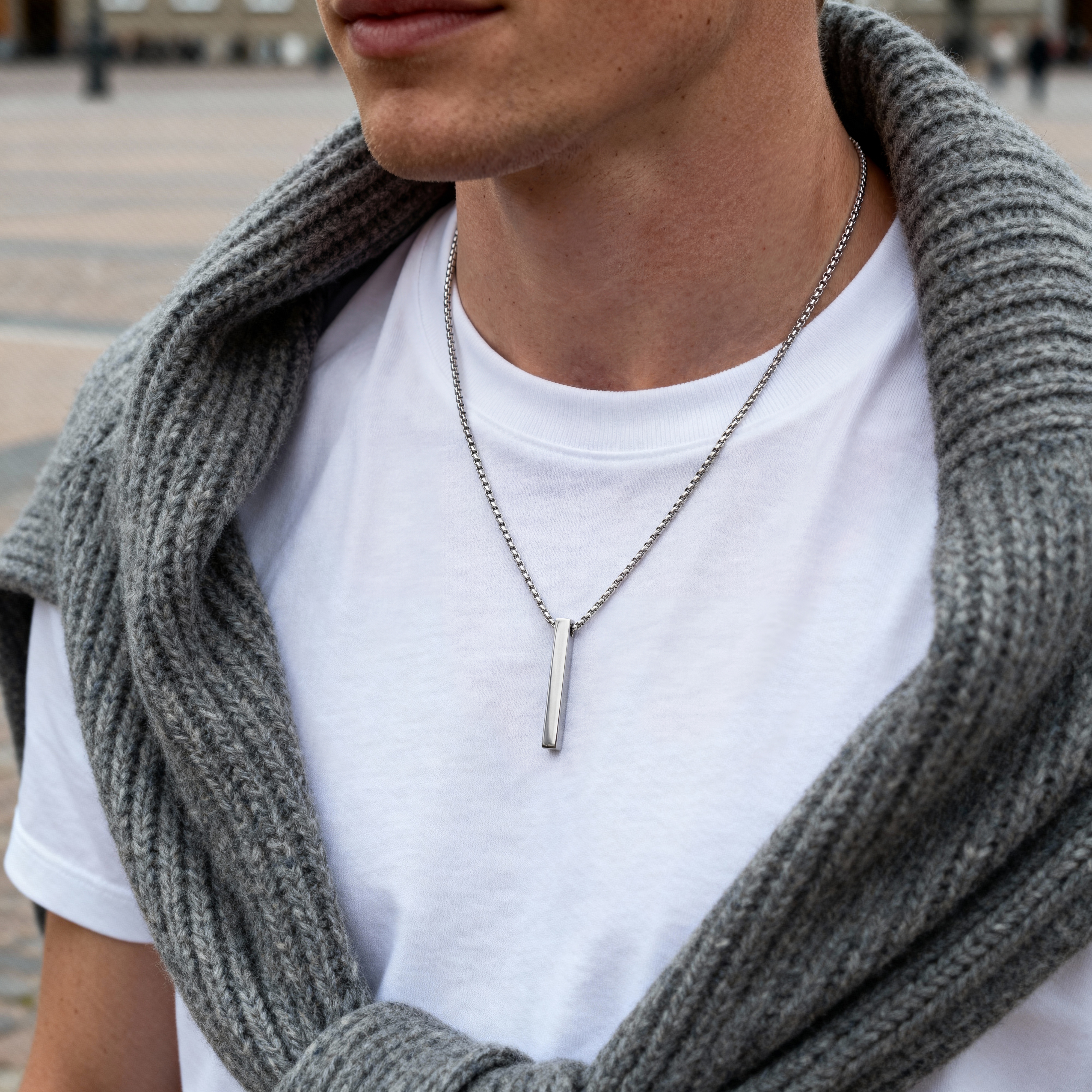 Polert sølvtonet halskjede med stanganheng i rustfritt stål - 2