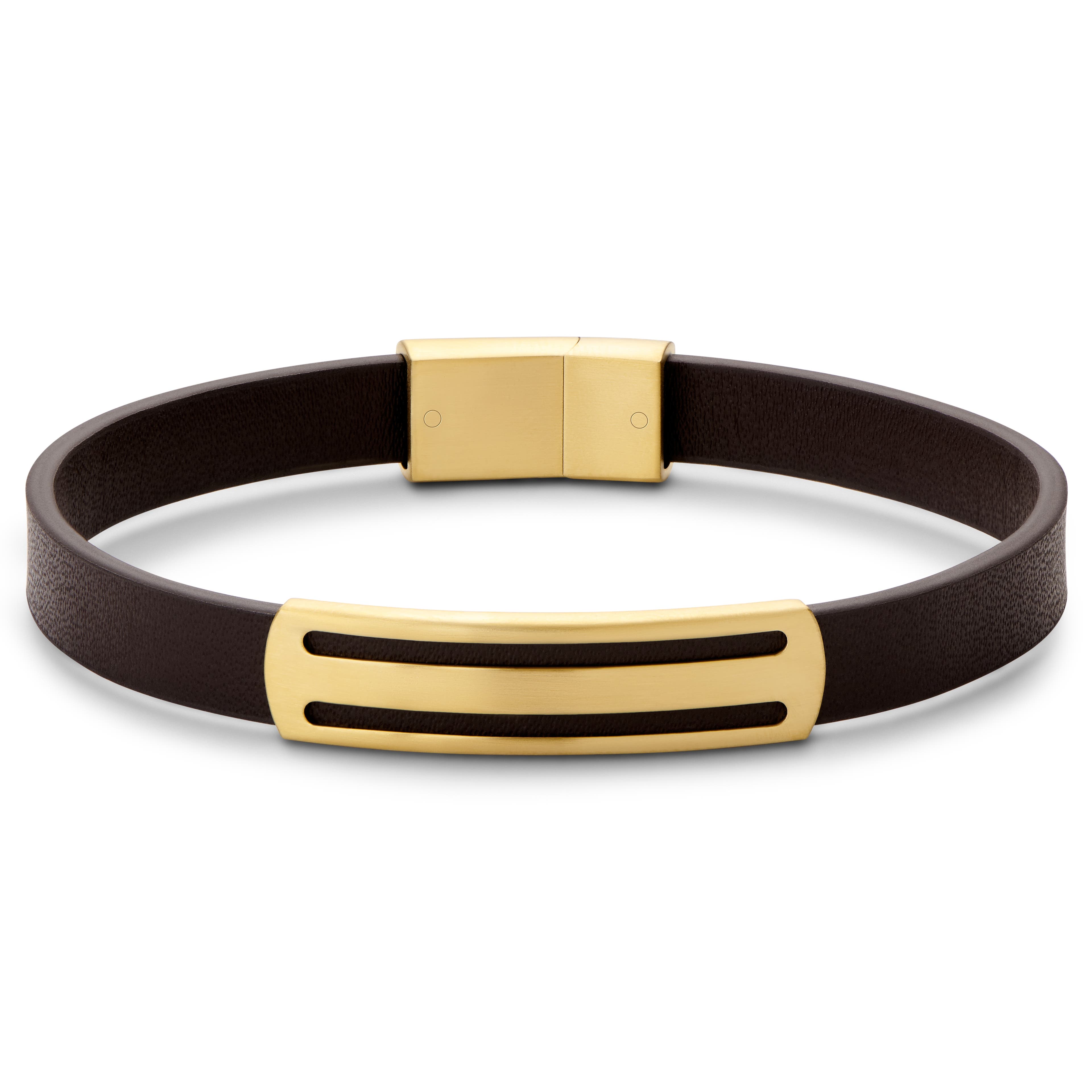 Nomen | Gold-tone and Brown Leather Striped ID Bracelet | In stock! |  Lucleon