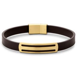 Nomen | Brunt ID-armband i Läder med Guldfärgad Randig Platta