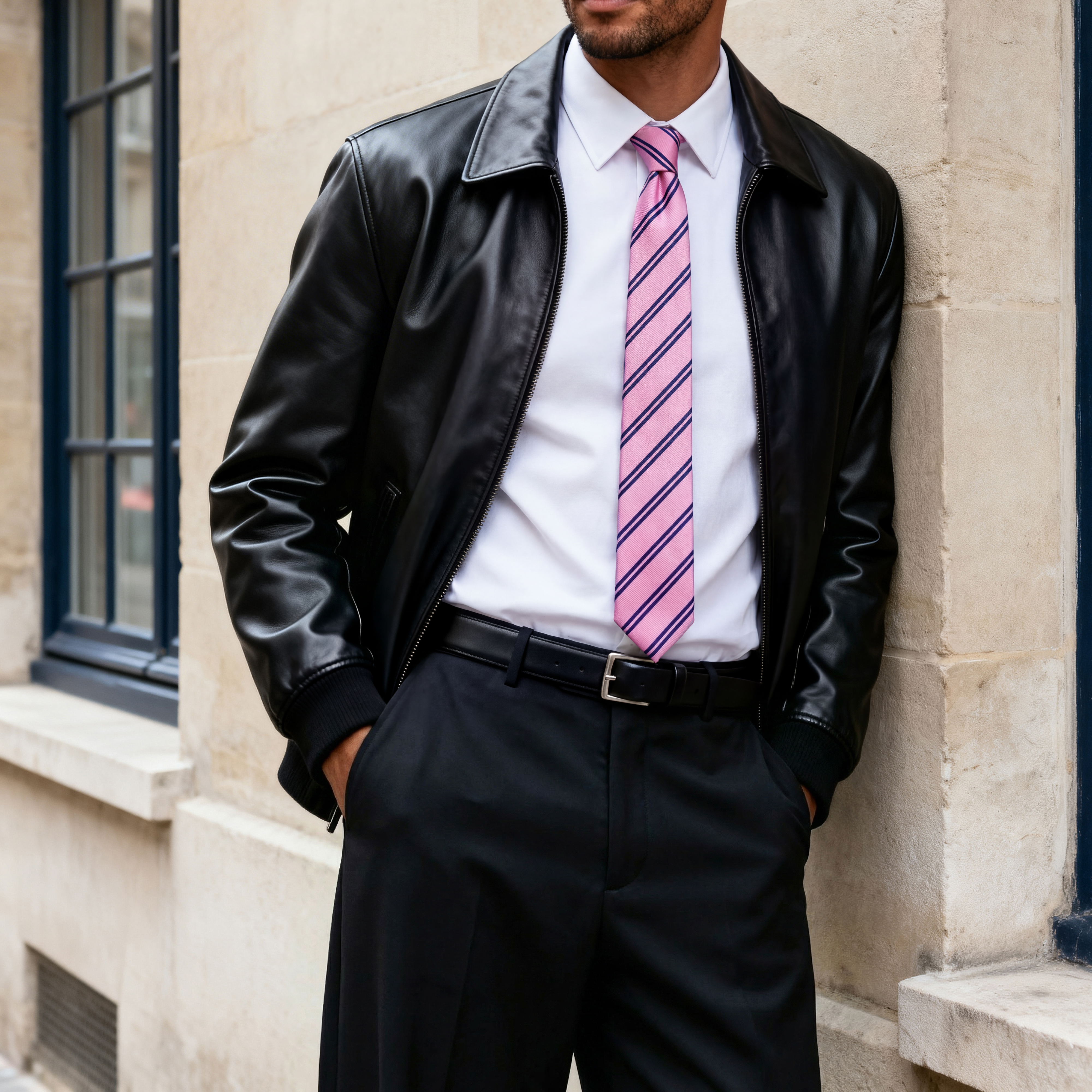 Rosafarbene & Marineblaue Doppelstreifen Seidenkrawatte 8cm - 3