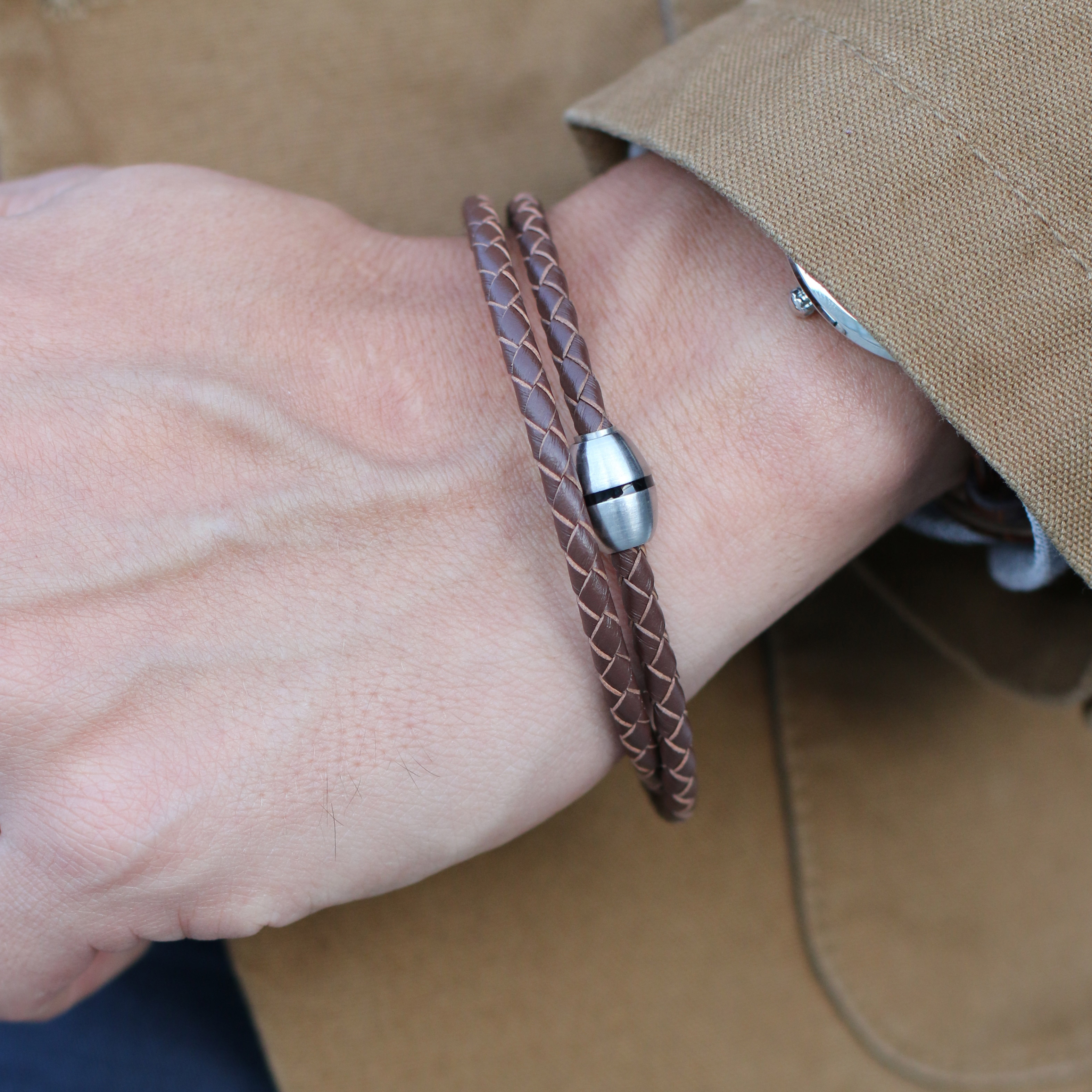 Brown Braided Leather & Stainless Steel Wrap Bracelet - 6