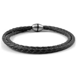 Black Braided Leather & Stainless Steel Wrap Bracelet