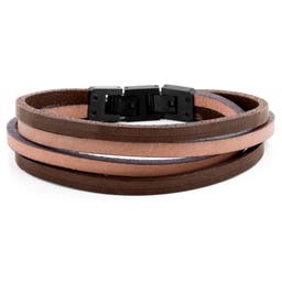 Dark & Light Leather & Stainless Steel Double Wrap Bracelet
