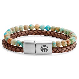 Turquoise Imperial Jasper and Vintage Leather Icon Bracelet