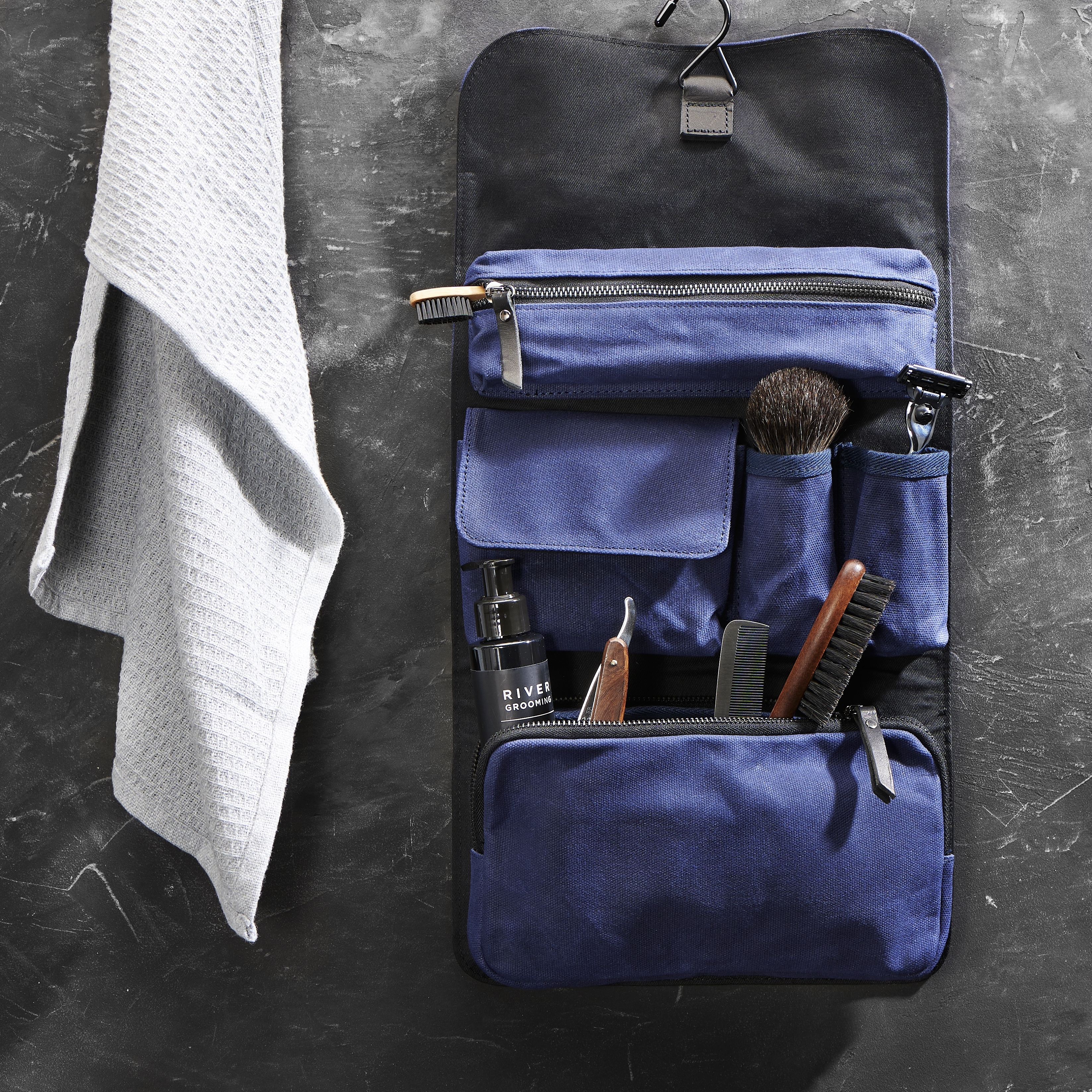 Navy Blue Waxed Canvas Roll Out Wash Bag - 4