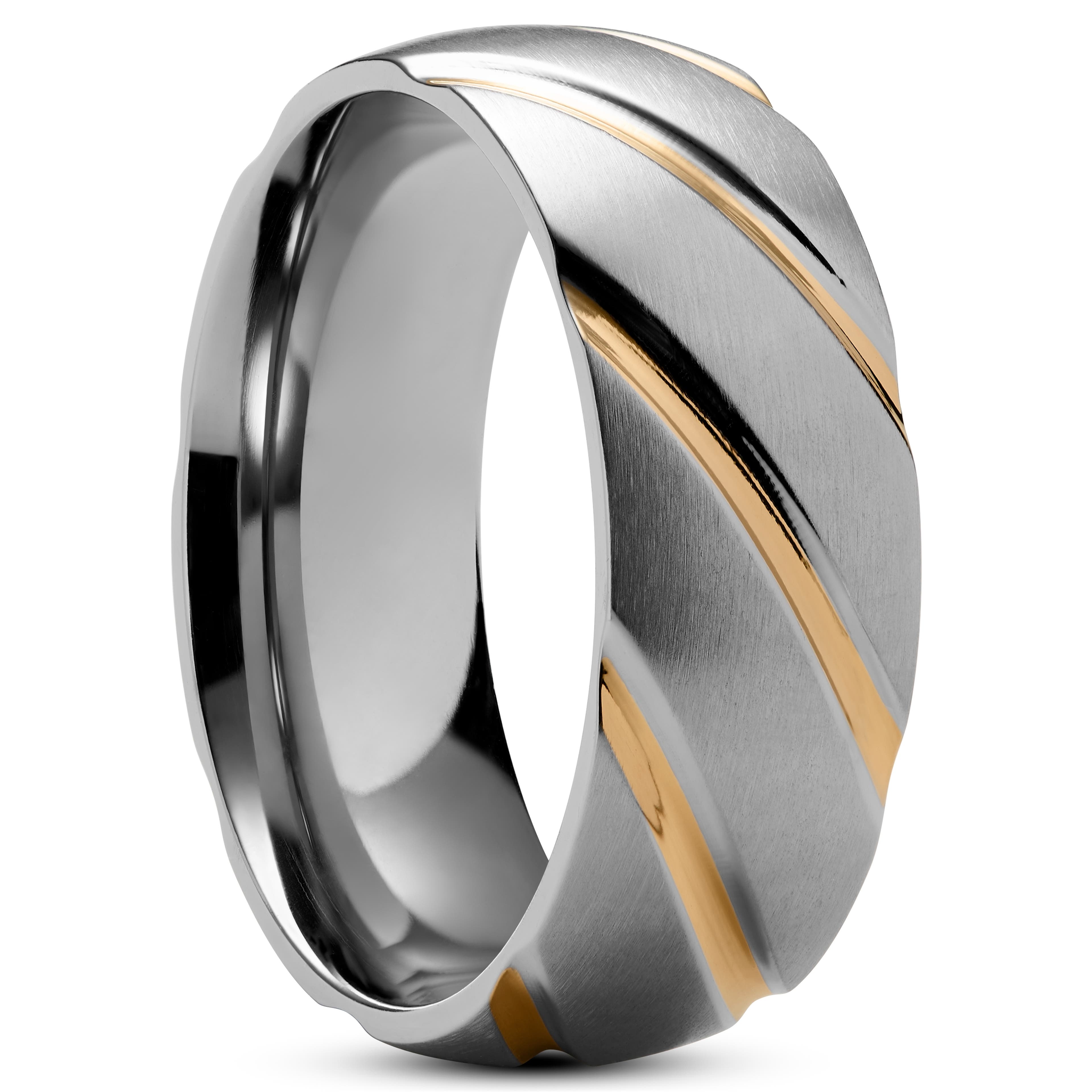 Сребристо-златист титанов пръстен с диагонални линии Aesop
