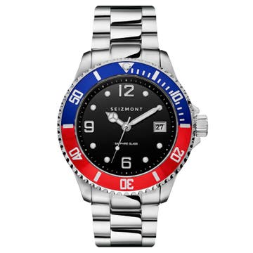 Tide | Silver-Tone, Blue & Red Stainless Steel Dive Watch With Black Dial