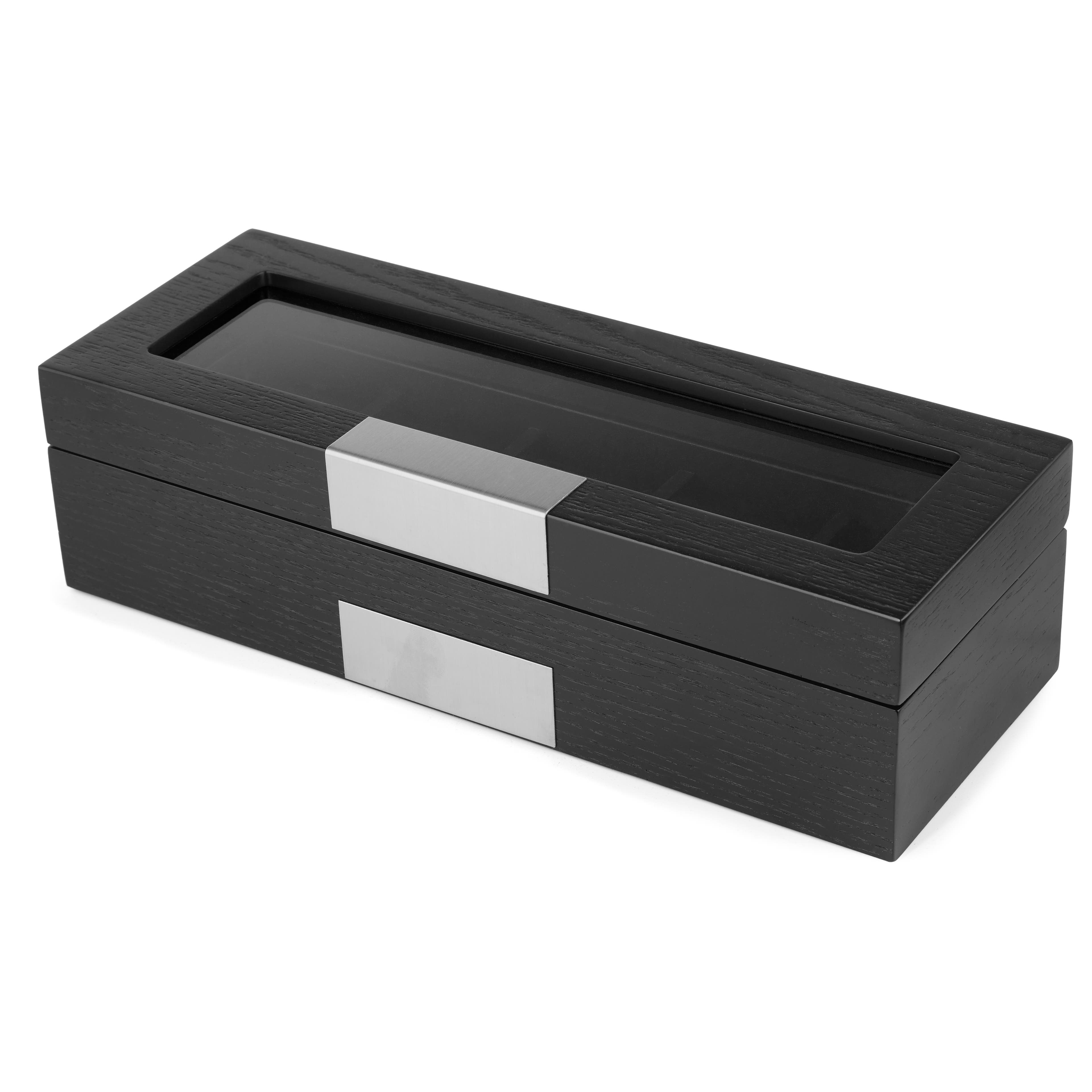 Drewniane srebrzysto-czarne pudełko na zegarki