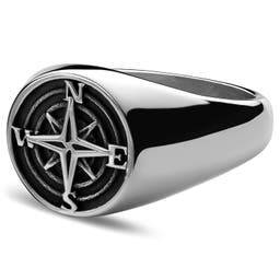Atlas | Silver-Tone Stainless Steel Compass Signet Ring