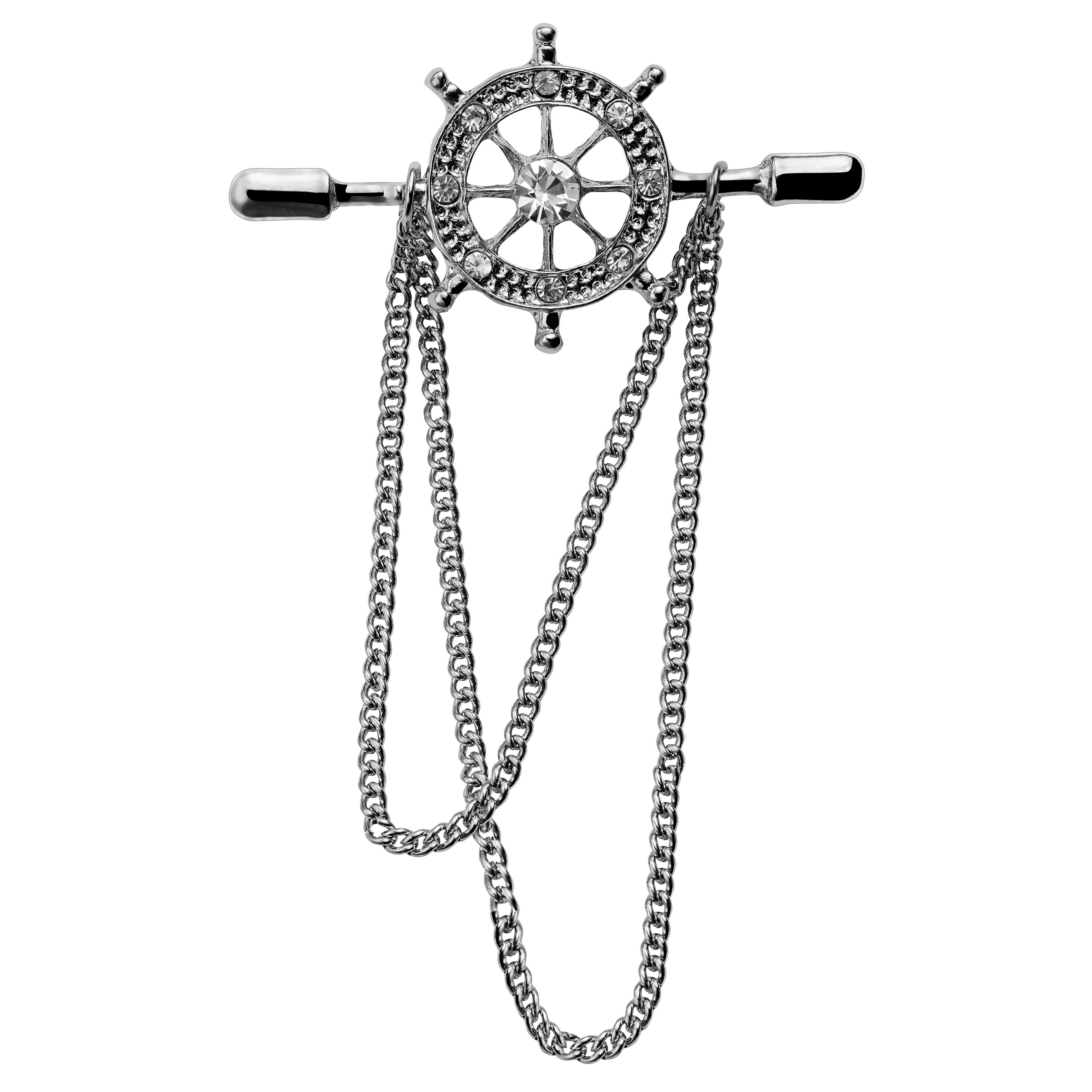 Pelagis | Silver-Tone Ship’s Wheel Zirconia Lapel Pin with Chain