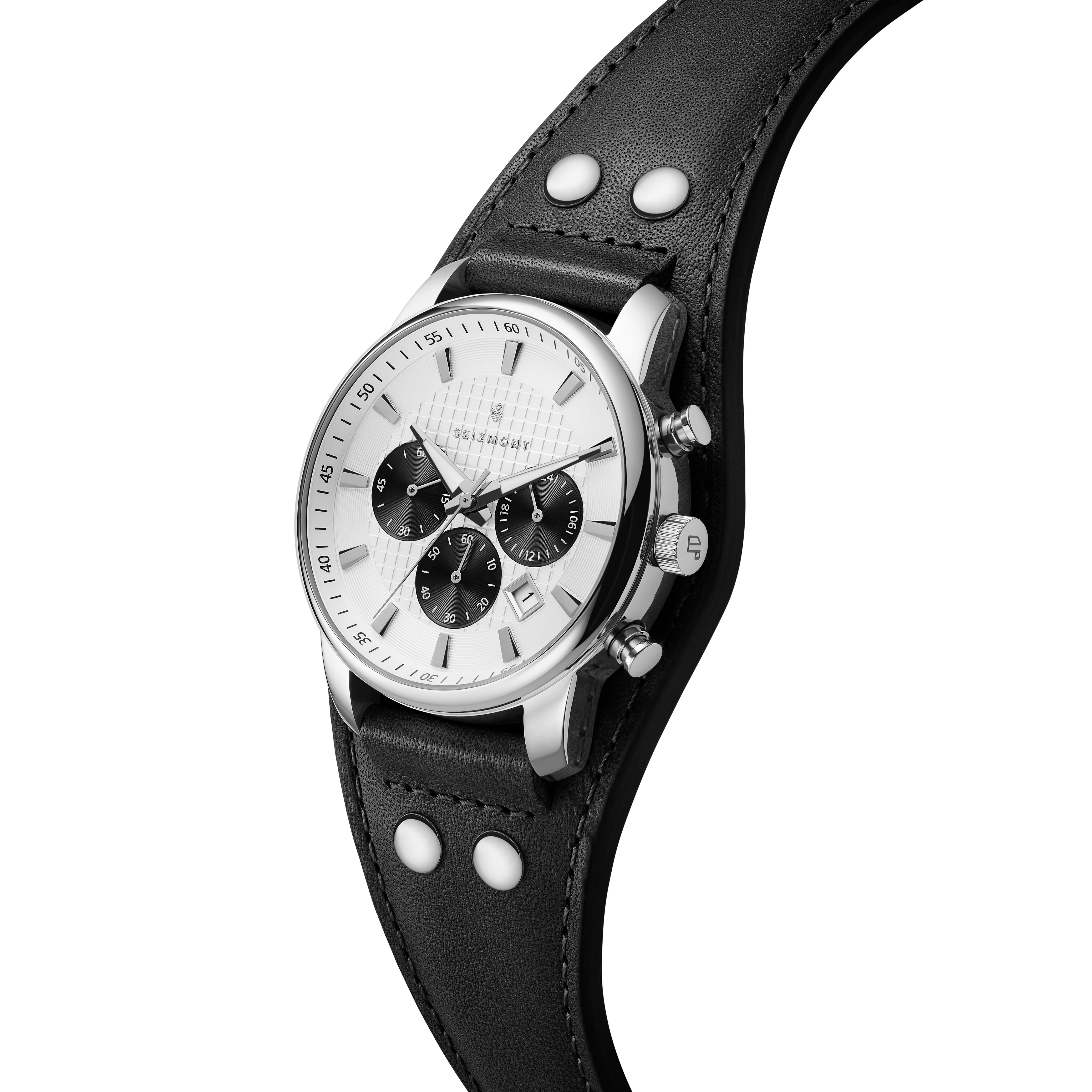 Iphios | Black and White Leather Cuff Stainless Steel Chronograph Watch - 3