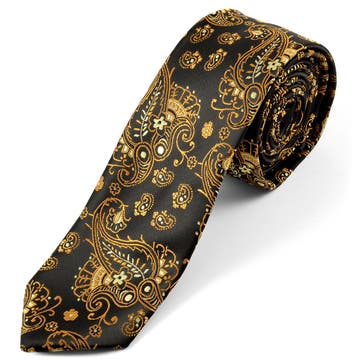 Cravate en soie noire et or à motifs Paisley 