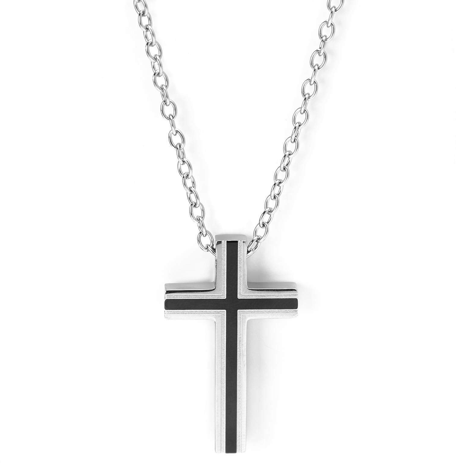 Silver-Tone & Black Stainless Steel Framed Cross Cable Chain Necklace Silver-Tone & Black Stainless Steel Framed Cross Cable Chain Necklace