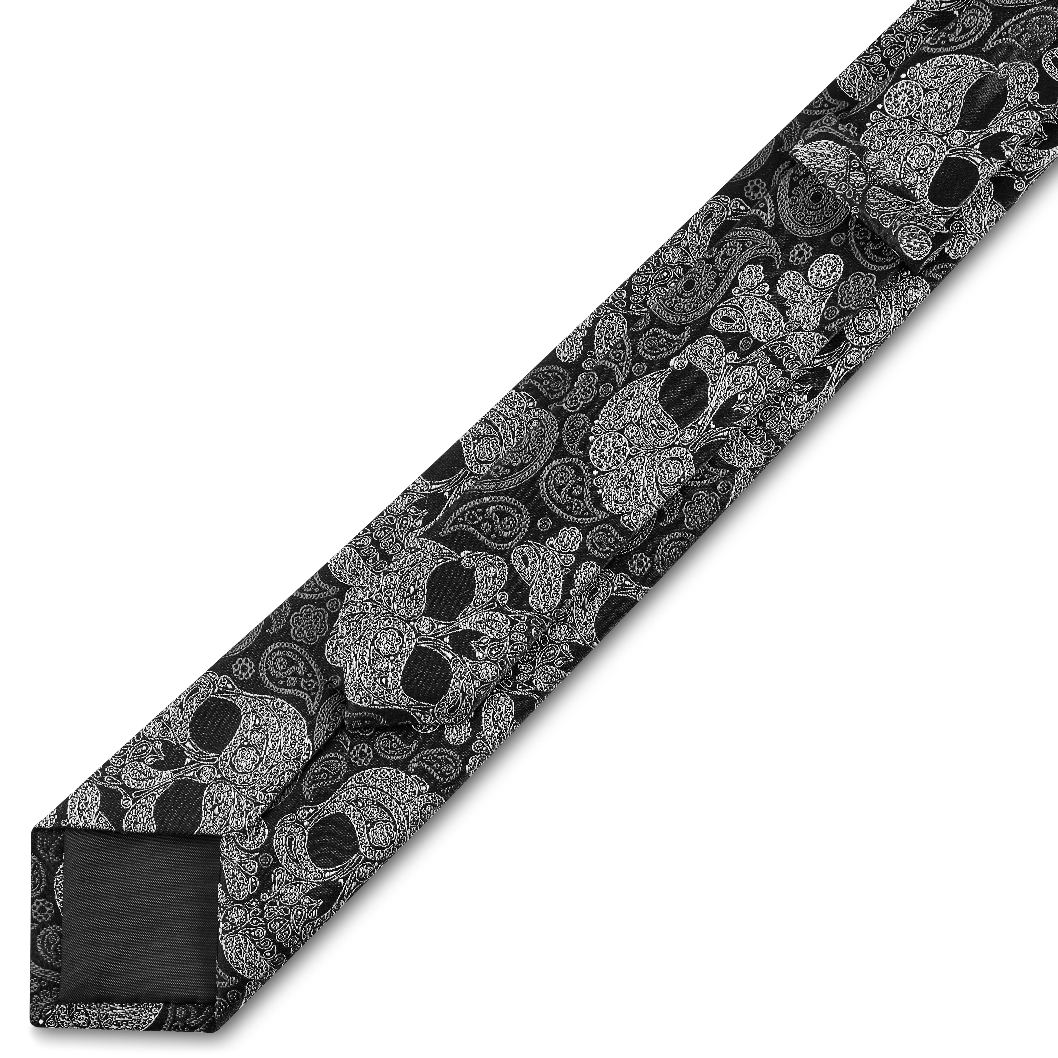 Fekete és szürke koponyás paisley mintás selyem nyakkendő | 6 cm - 5