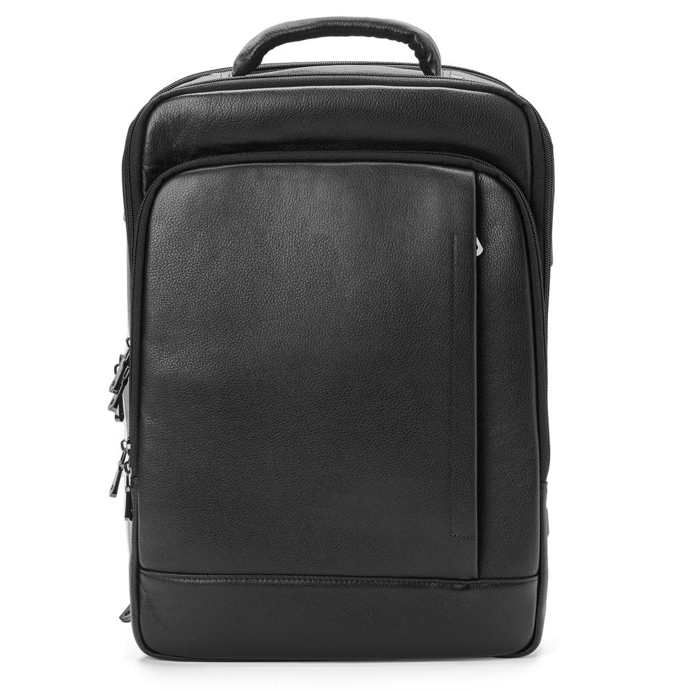 hover: Black Leather Professional Laptop Backpack with Charging Port hover: Black Leather Professional Laptop Backpack with Charging Port