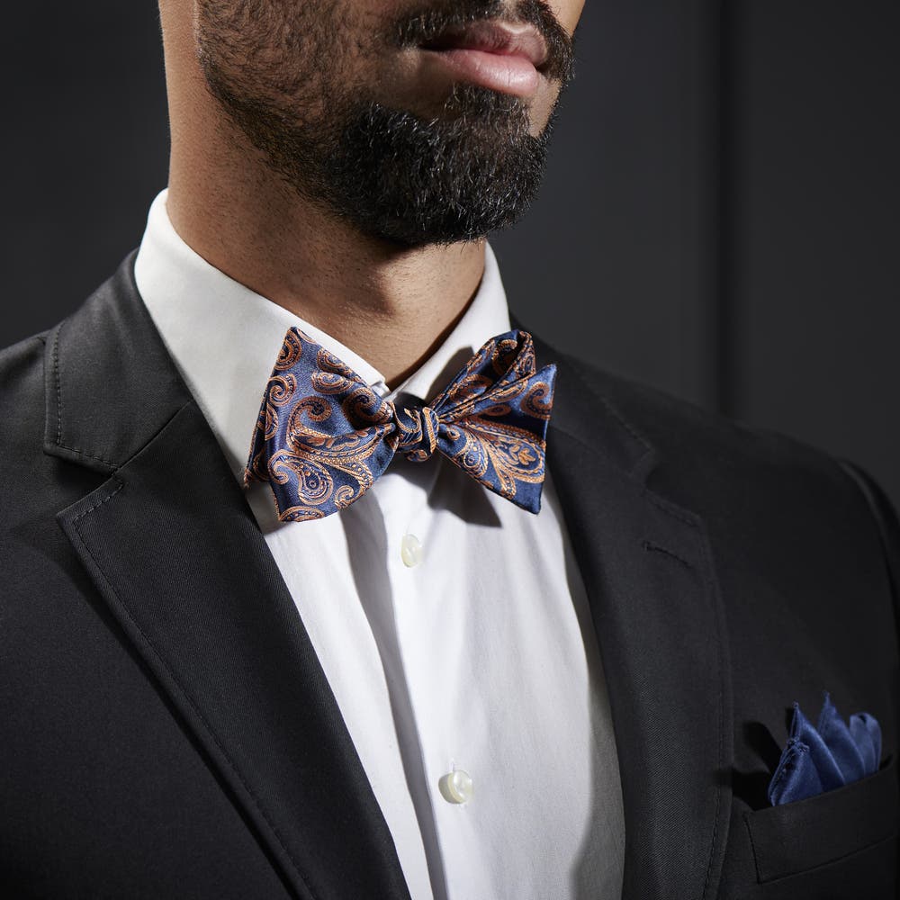 hover: Navy & Orange Paisley Self-Tie Bow Tie hover: Navy & Orange Paisley Self-Tie Bow Tie