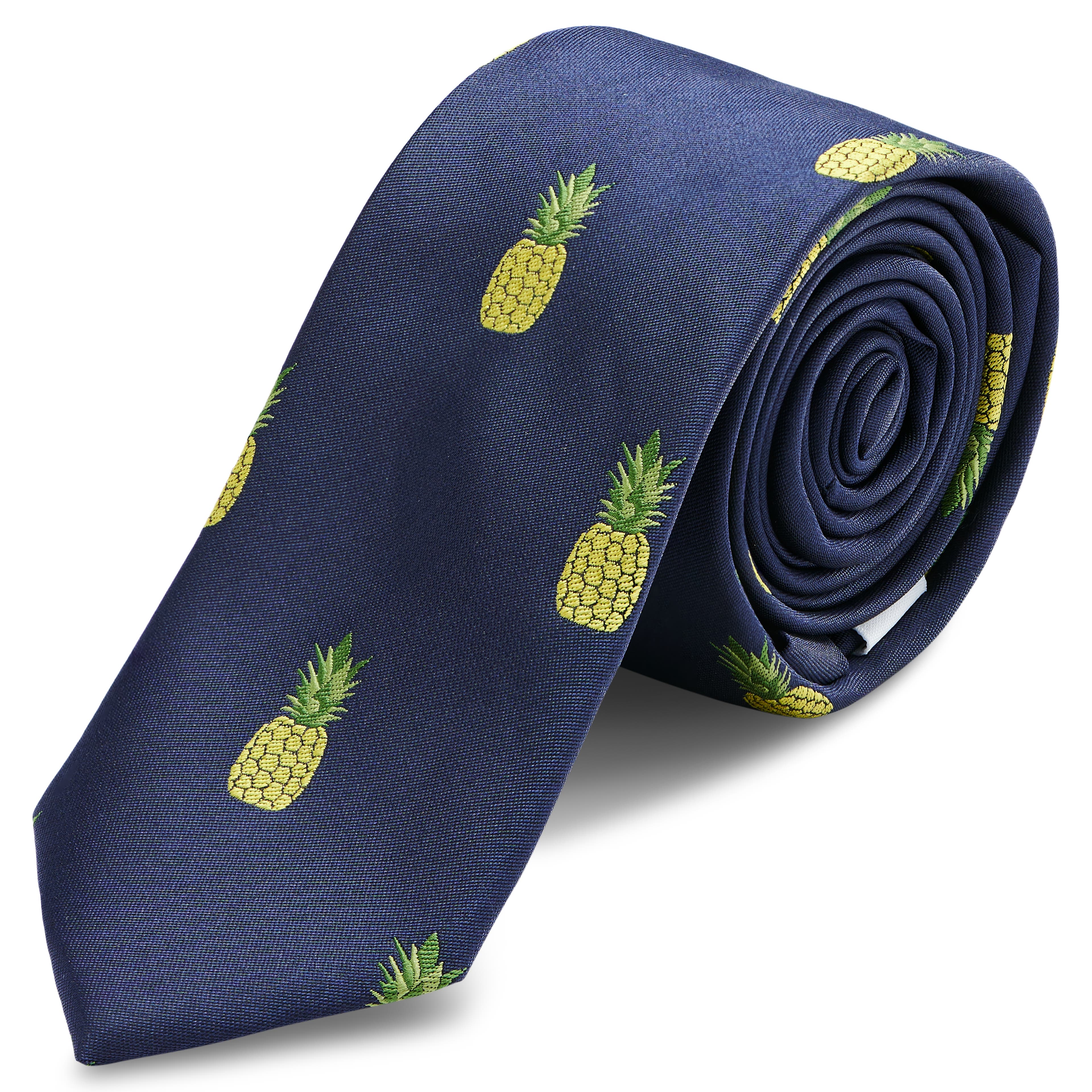 Úzka kravata s ananásmi v tmavomodrej farbe 