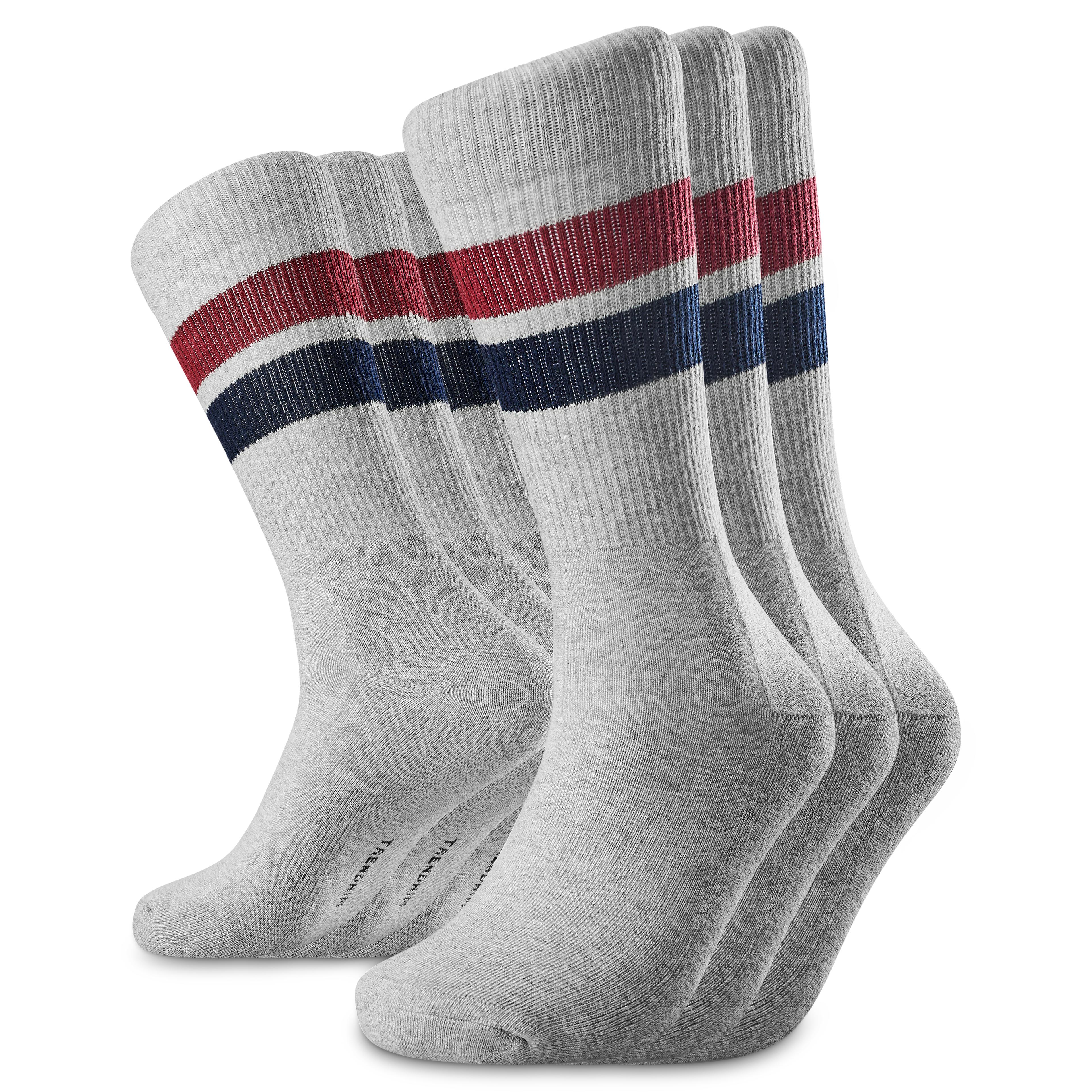 TrueFeel | 3-pack lichtgrijze katoenen tennissokken met rode en blauwe strepen TrueFeel | 3-pack lichtgrijze katoenen tennissokken met rode en blauwe strepen