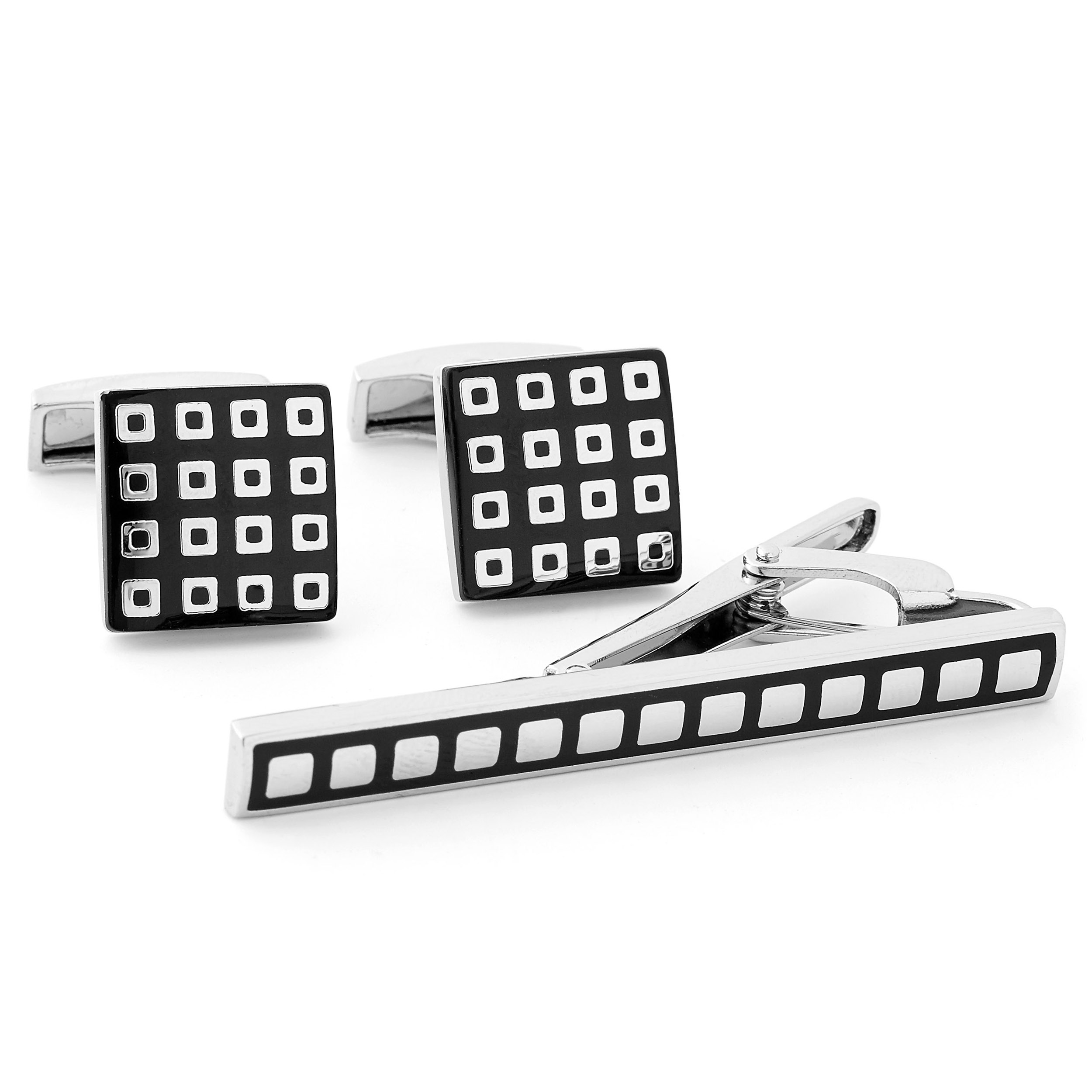 Silber-Schwarzes Set aus Krawattenklammer und Manschettenknöpfen  - 1