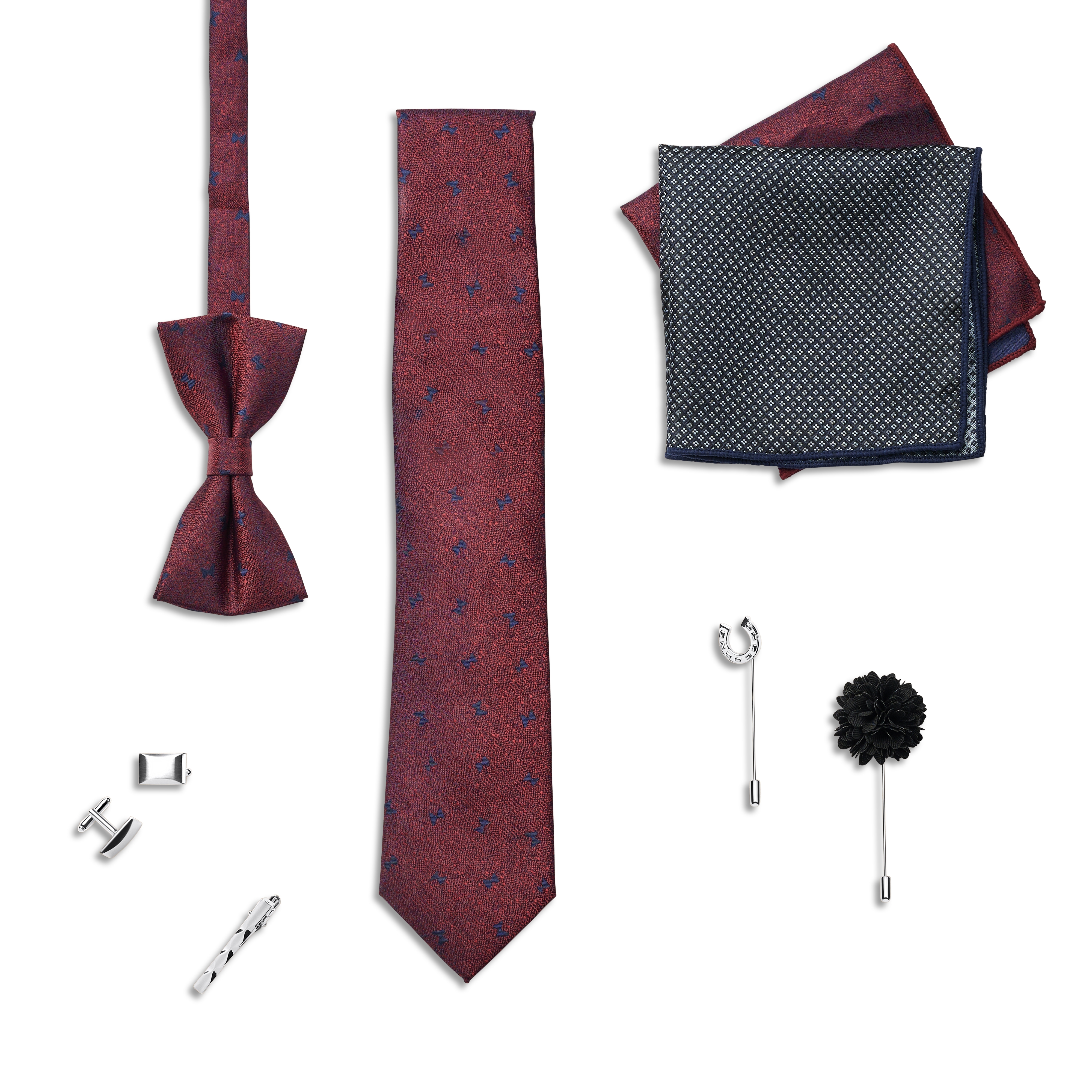 Suit Accessory Gift Box | Crimson & Royal Blue Bow Motif Set - 4