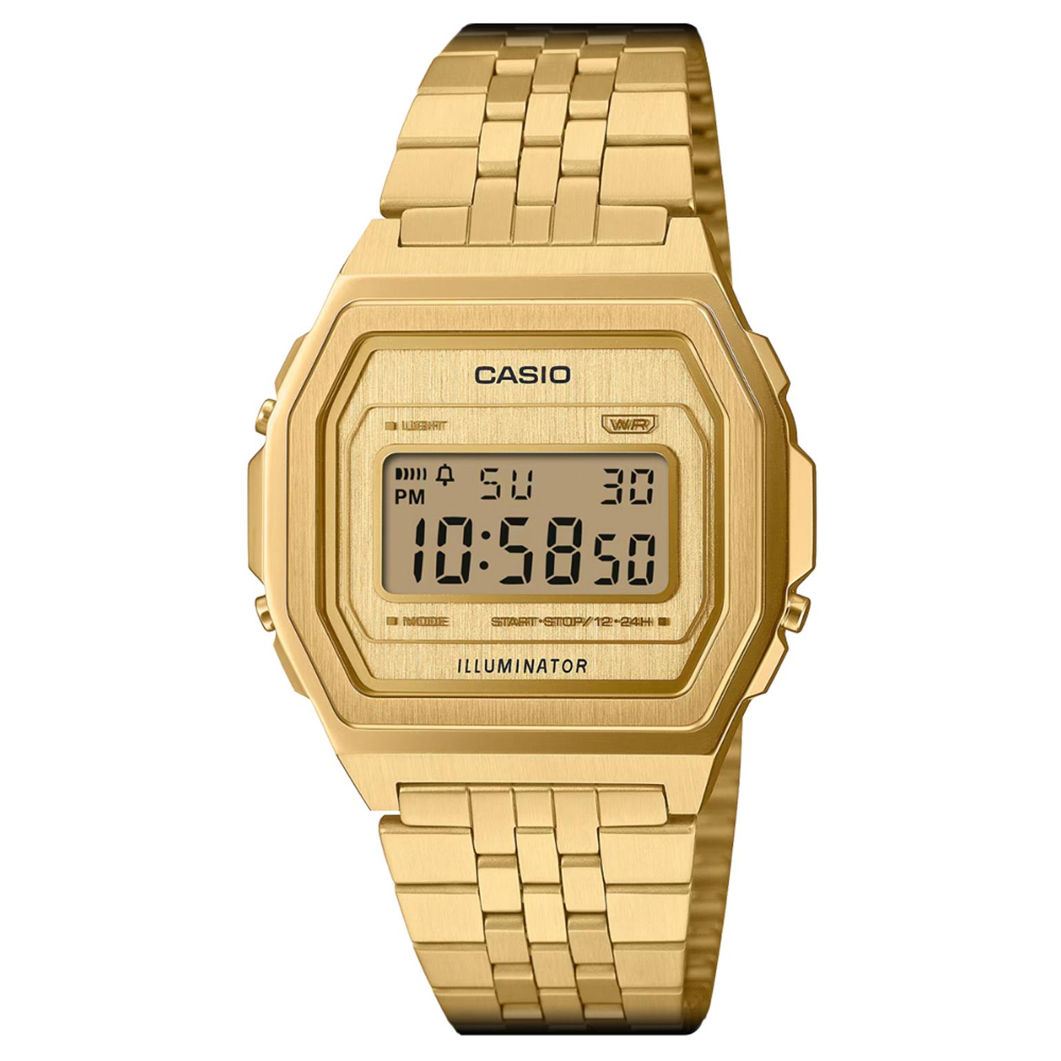 Casio Vintage A1000A-7EF auksinės spalvos nerūdijančio plieno skaitmeninis laikrodis Casio Vintage A1000A-7EF auksinės spalvos nerūdijančio plieno skaitmeninis laikrodis