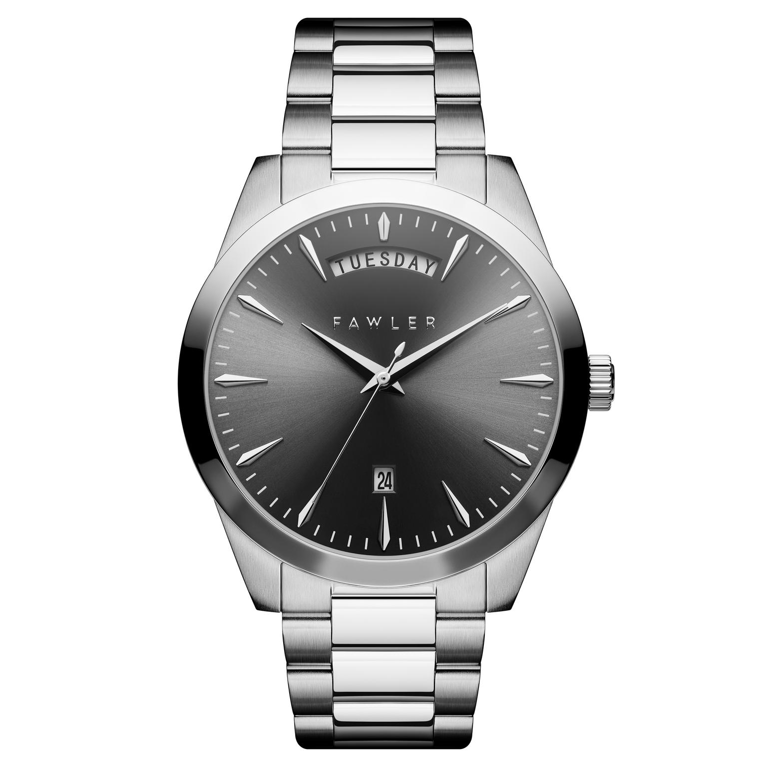 Eric | Graue und silberfarbene Edelstahluhr mit Tag und Datum Eric | Graue und silberfarbene Edelstahluhr mit Tag und Datum