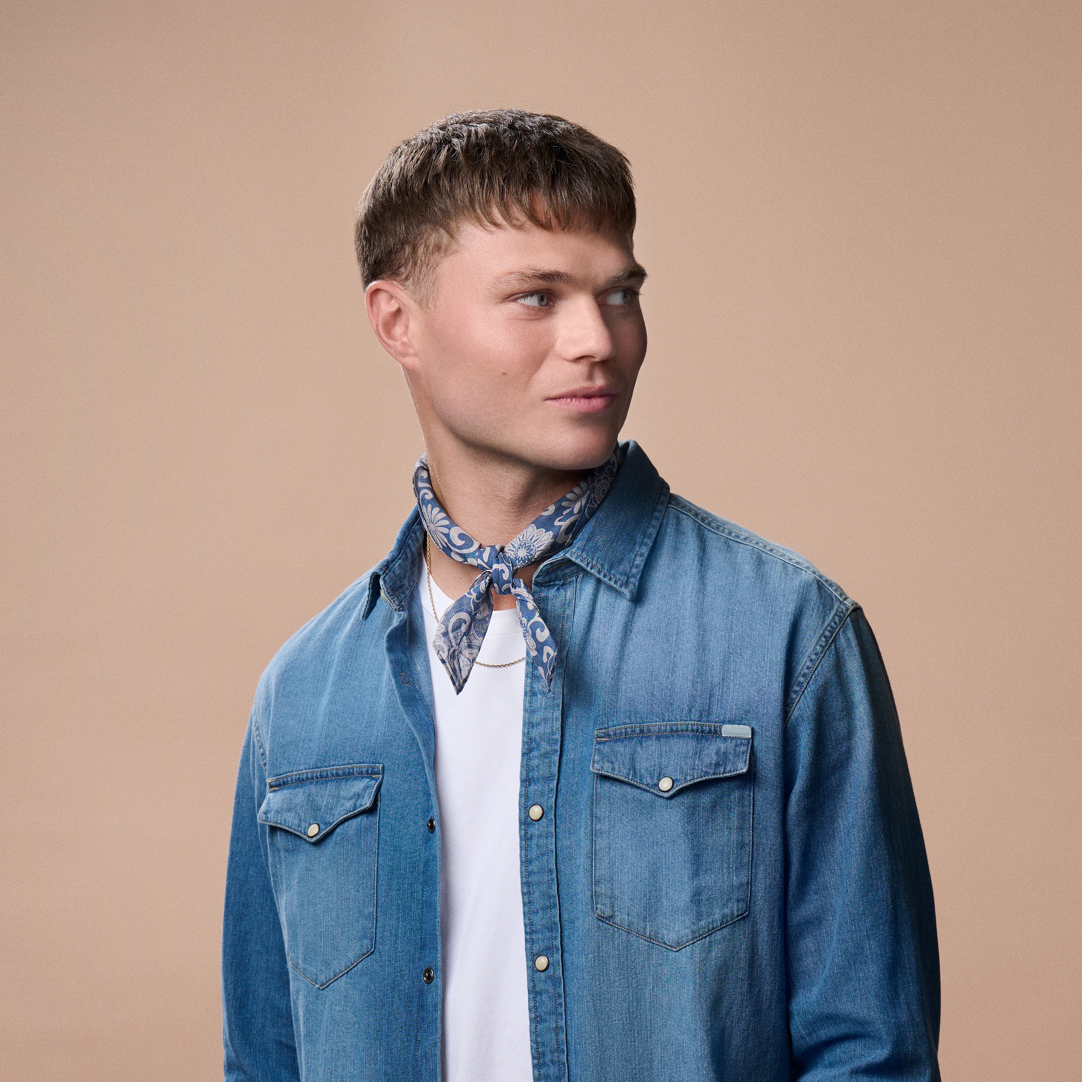 Dark Blue & Beige Floral Pattern Cotton Neckerchief - 3