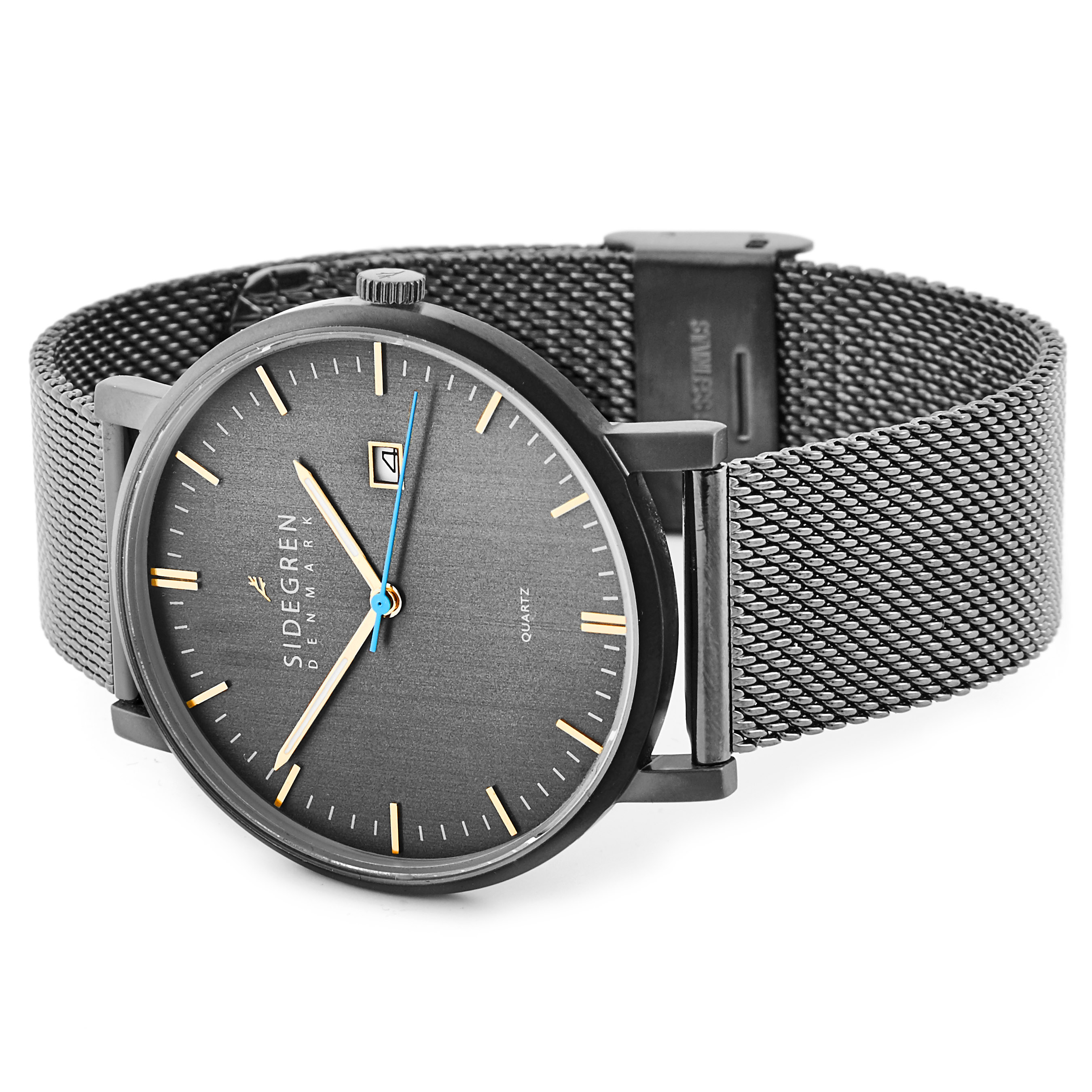 Kevil | Dark Grey Stainless Steel Slim Dress Watch With Black Dial & Gold-Tone Hands - 4