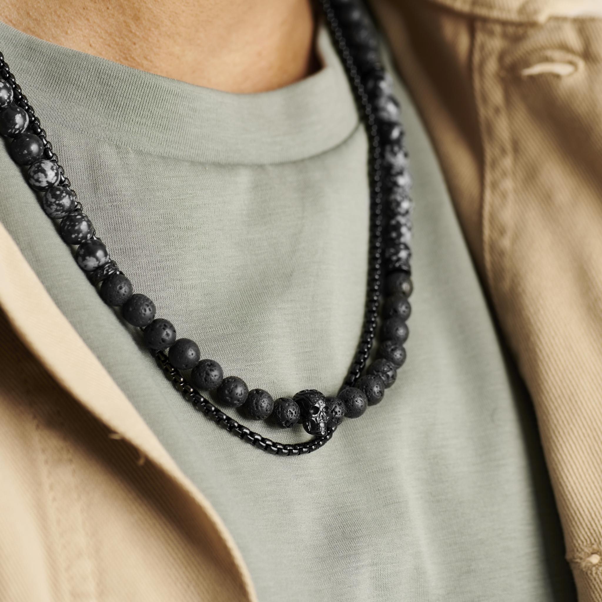 Rico | Black Stainless Steel Box Chain & Lava Rock/Snowflake Obsidian ...