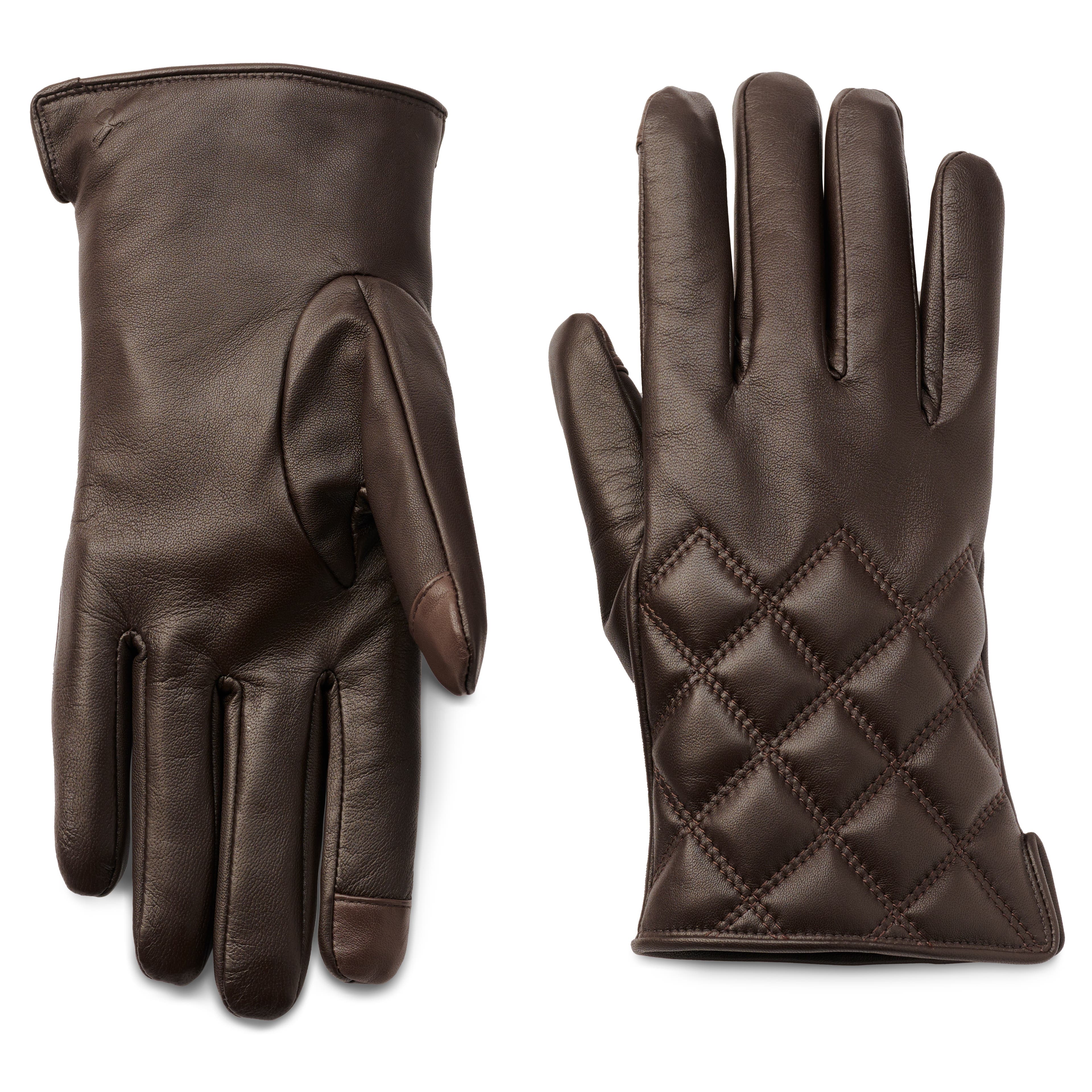 Кафяви кожени ръкавици за сензорен екран с ромбоидни детайли
