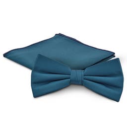 Petrol Blue Pre-Tied Bow Tie and Pocket Square Set