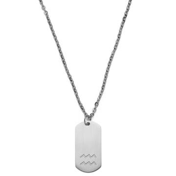 Zodiac | Silver-Tone Stainless Steel Aquarius Star Sign Dog Tag Cable Chain Necklace