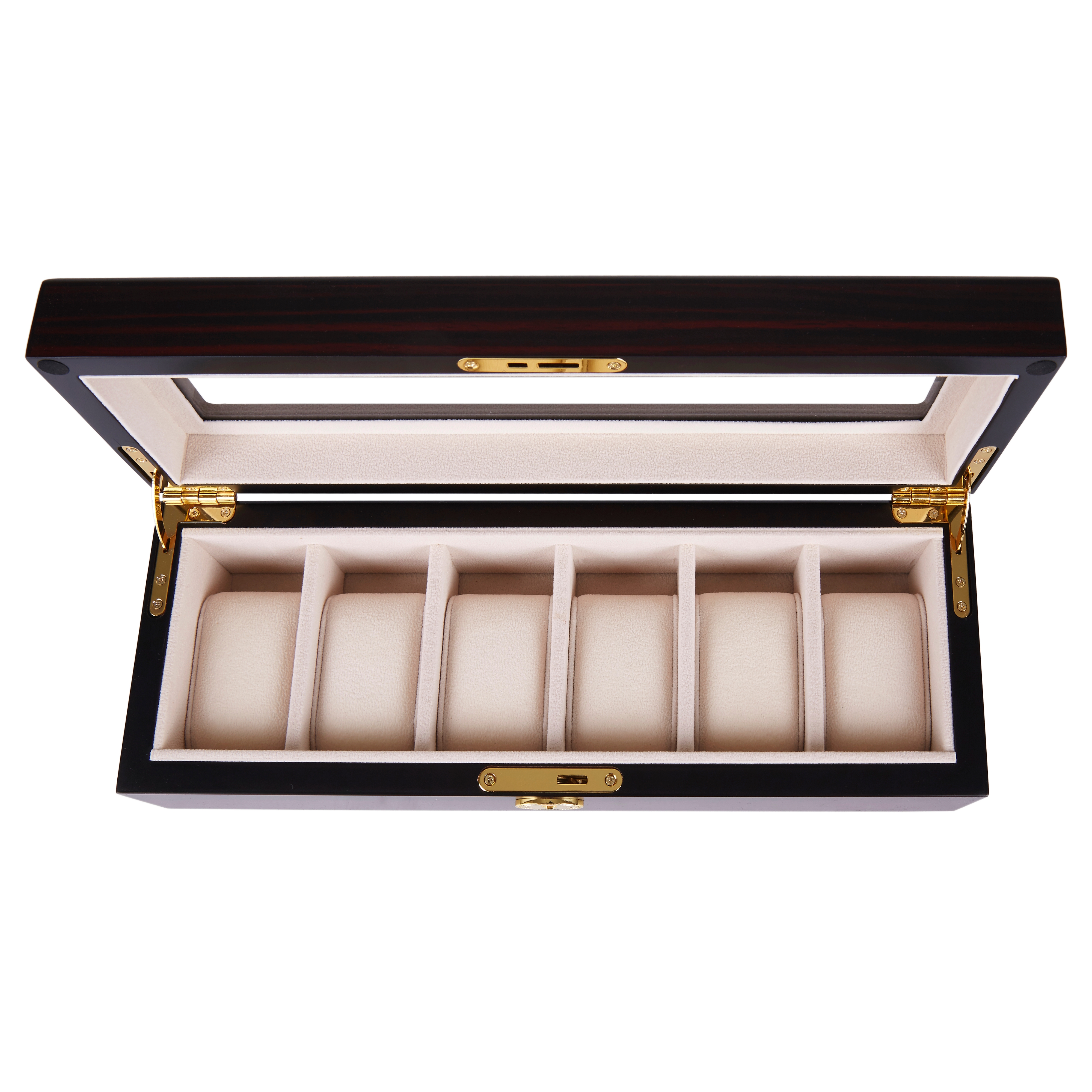 Lockable Gold-Tone & Ebony Wood Watch Case - 6 Watches - 4