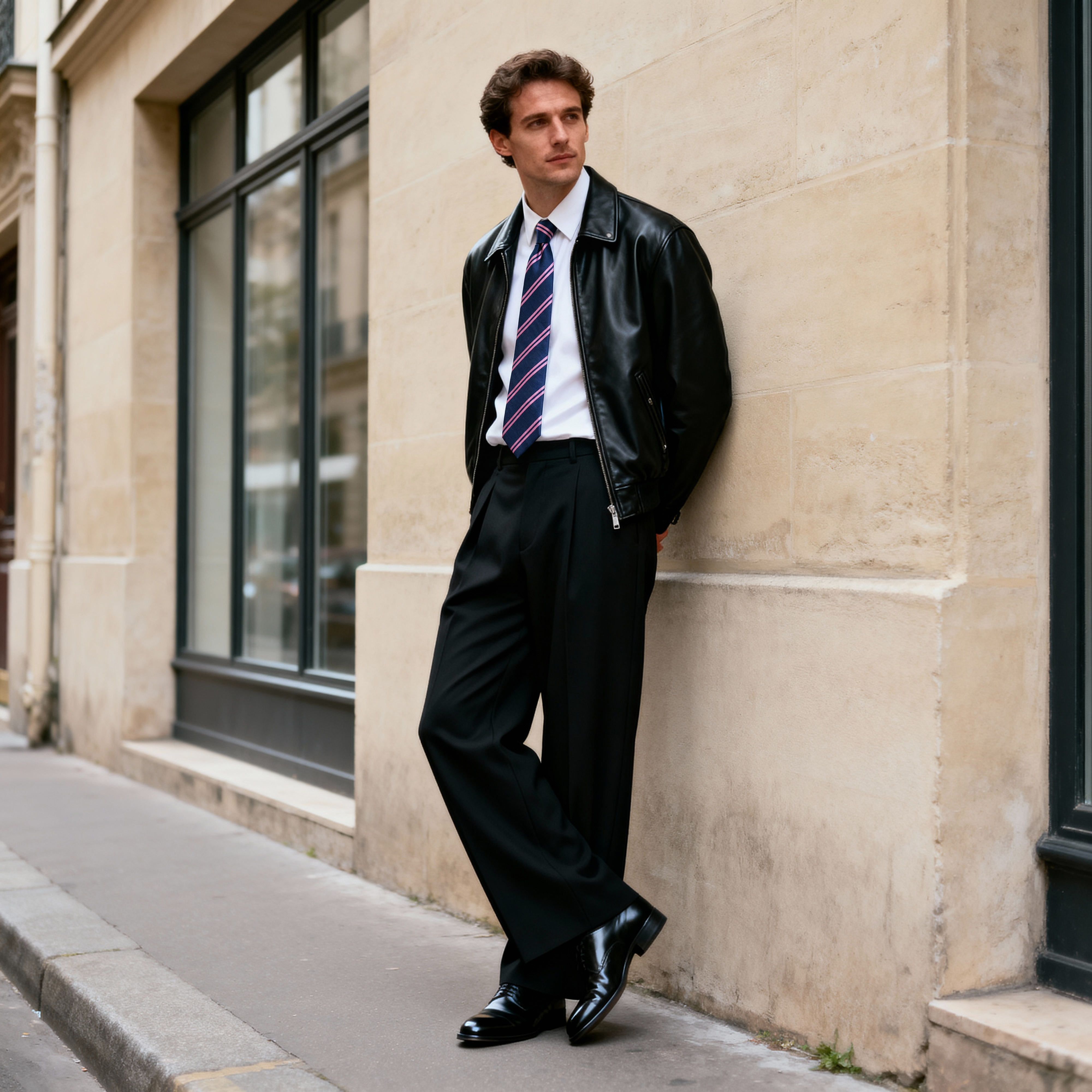 Svilena kravata s ružičastim dvostrukim prugama, tamnoplava, 6 cm - 2