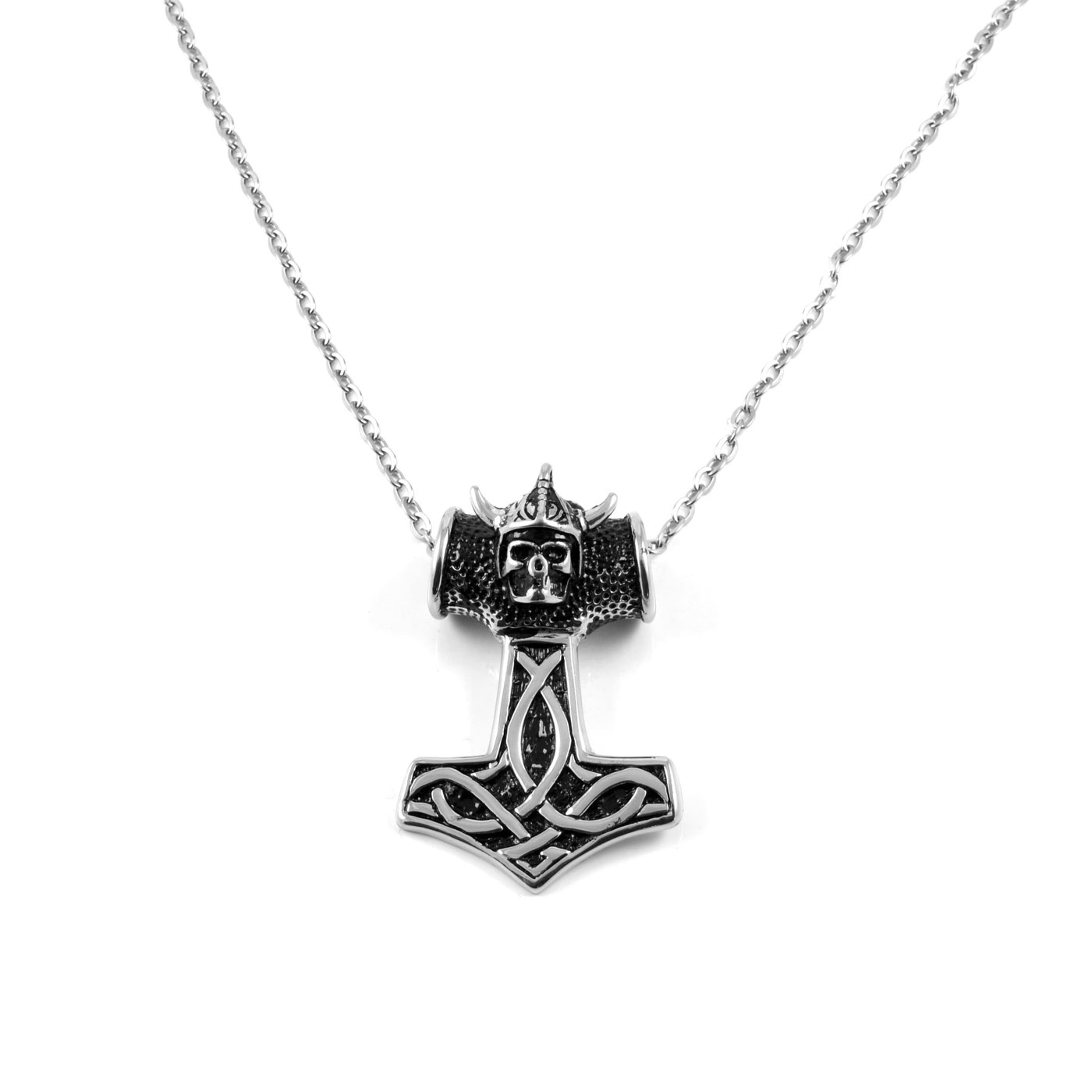 Silver-Tone Stainless Steel Thor's Hammer & Skull Cable Chain Necklace