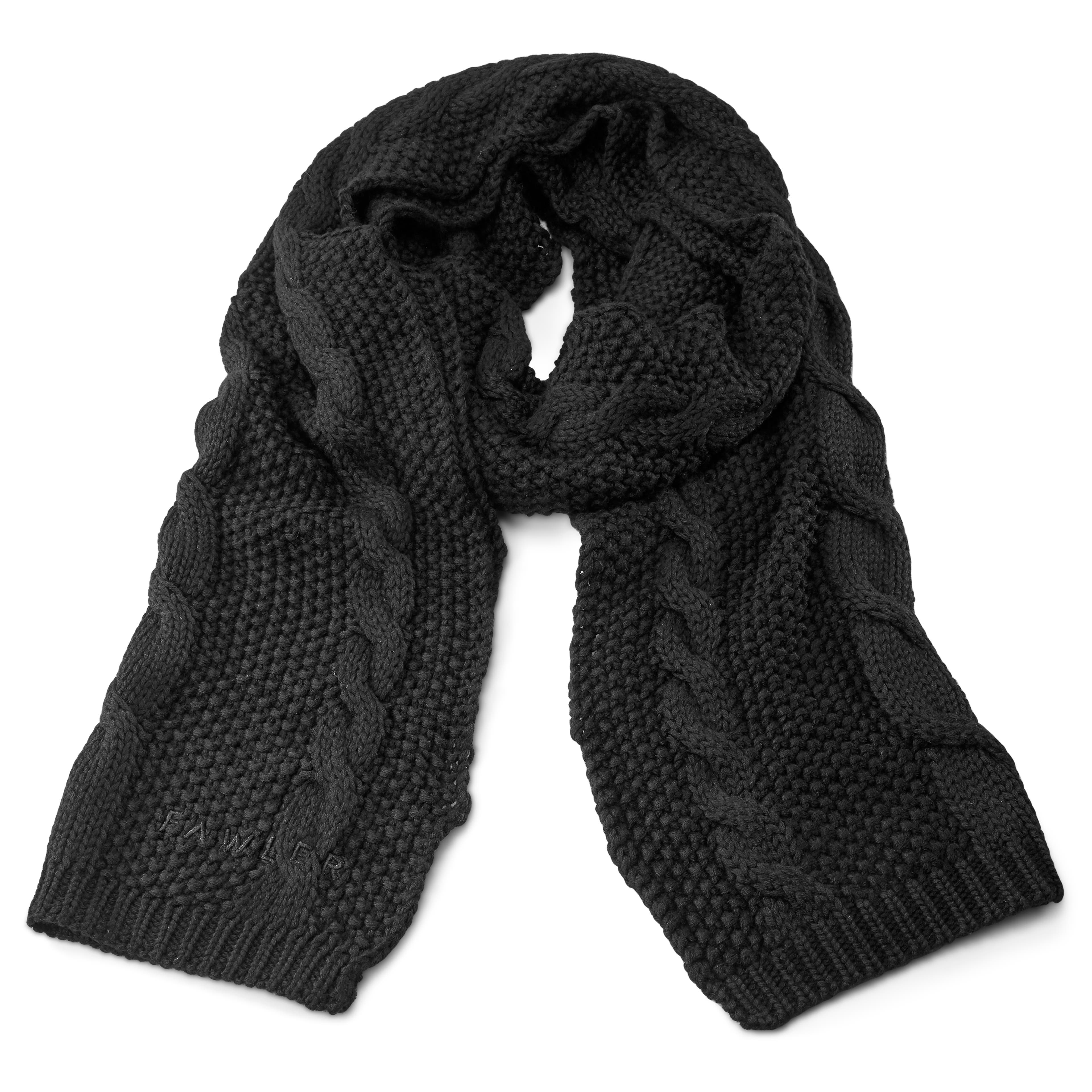 Black Merino Wool Mix Cable Knitted Scarf