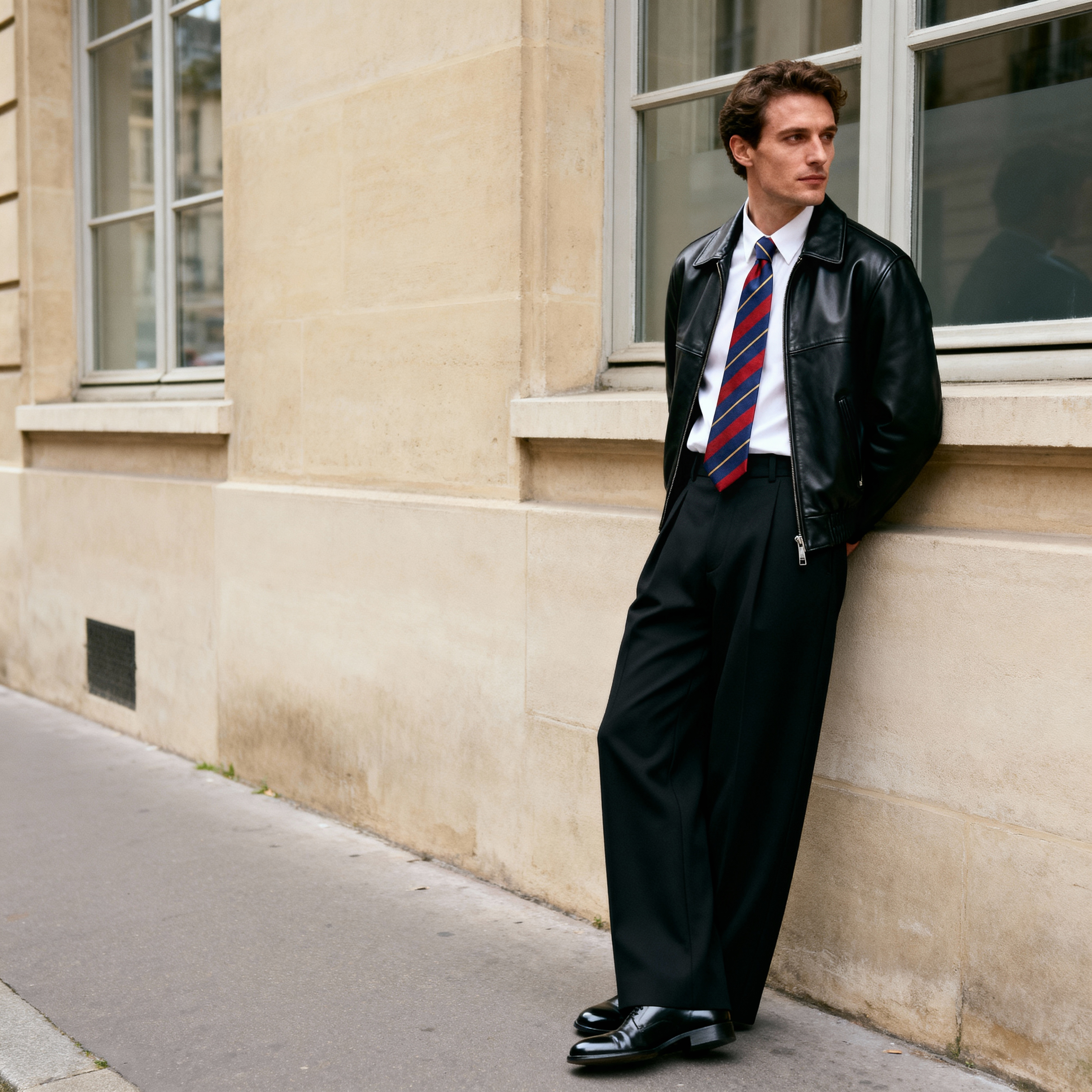 Corbata de 6 cm de seda azul marino con rayas rojas y doradas - 2