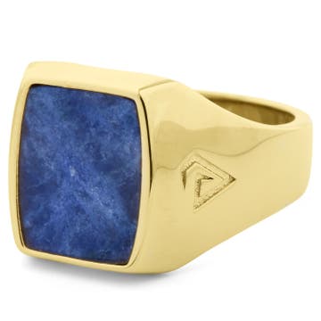  Голям позлатен сребърен пръстен печат със син камък