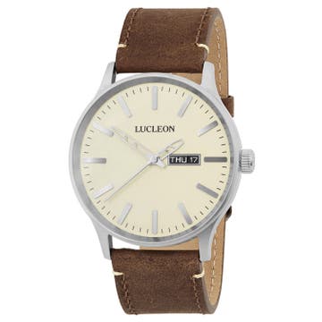 Grover | Silver-Tone Day-Date Watch With Champagne Dial & Brown Leather Strap