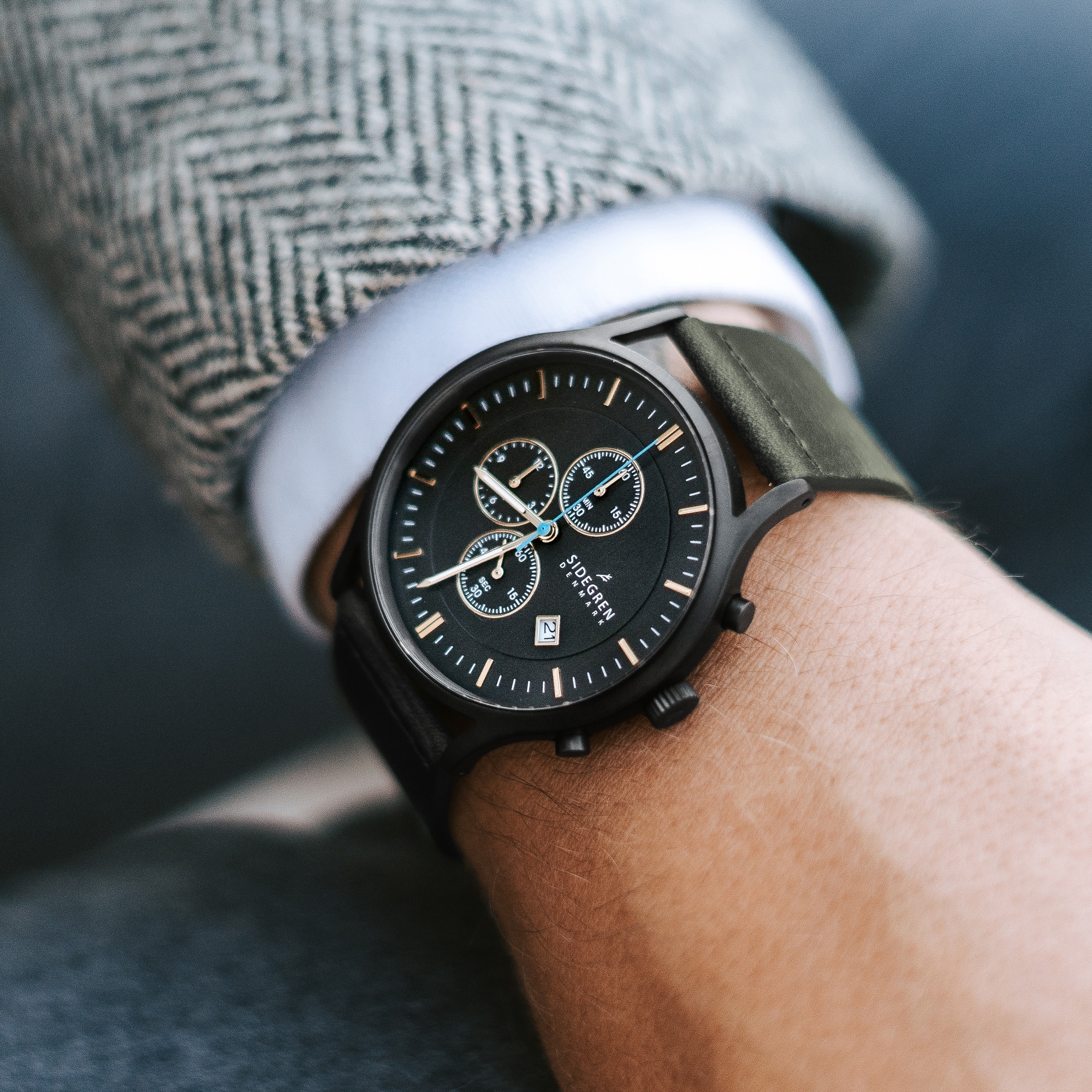 Revil | Black Chronograph Watch With Black Dial, Pale Yellow Details & Olive Green Leather Strap - 6