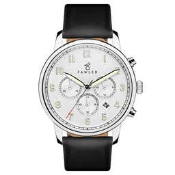 Pluto | Silver-Tone Chronograph Watch With Silver-Tone Dial & Black Leather Strap