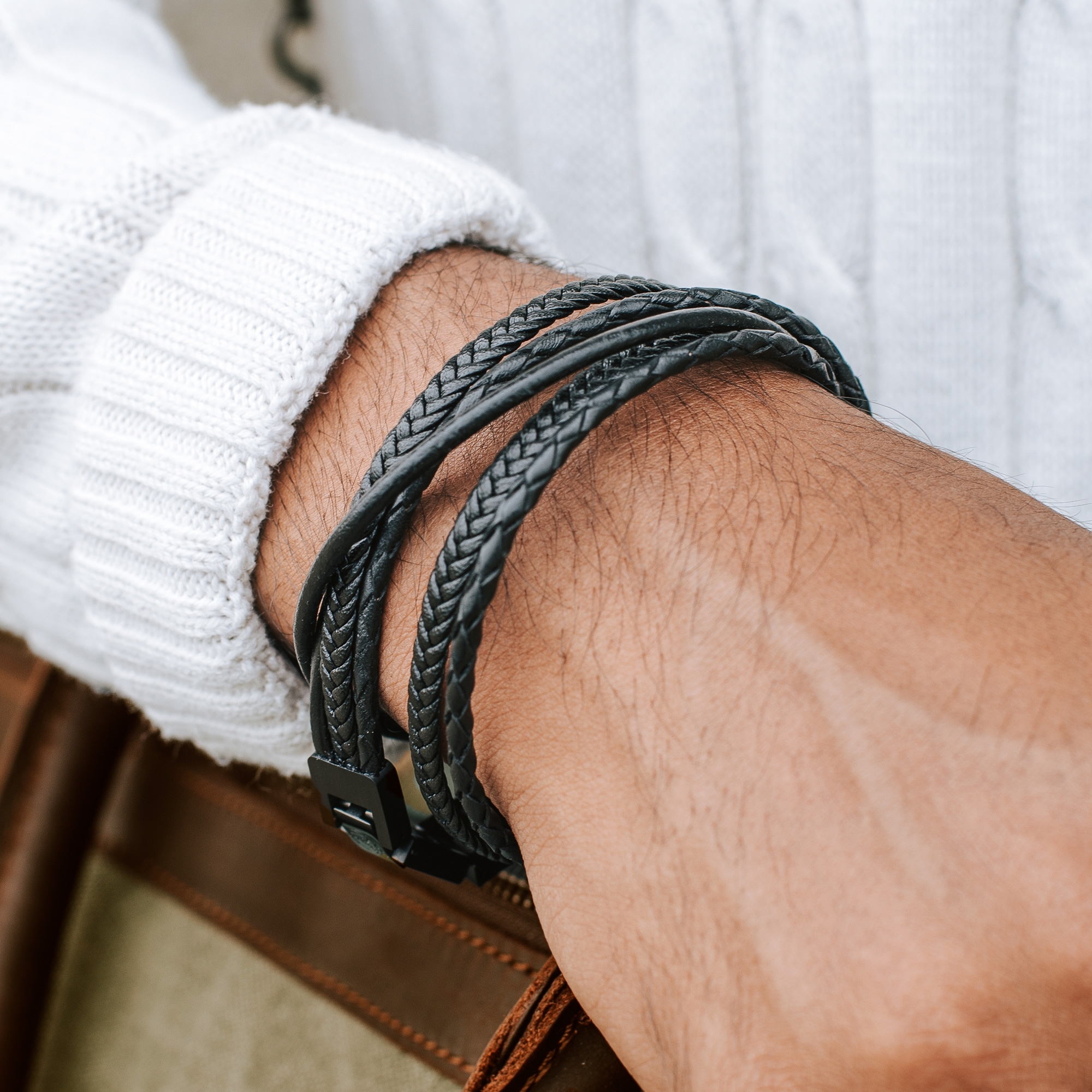 Roy | All Black Leather & Stainless Steel Wrap Bracelet