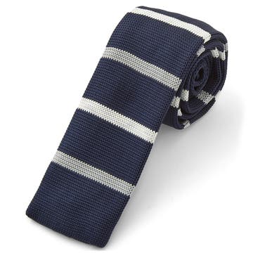 Navy Blue, Grey & White Striped Polyester Knitted Tie