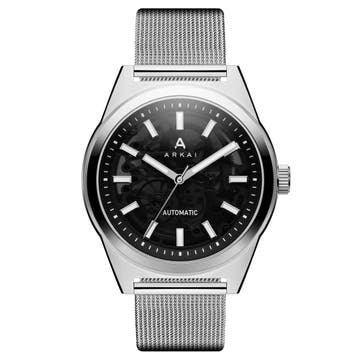 Caron | Сребрист стоманен часовник с автоматичен видим механизъм
