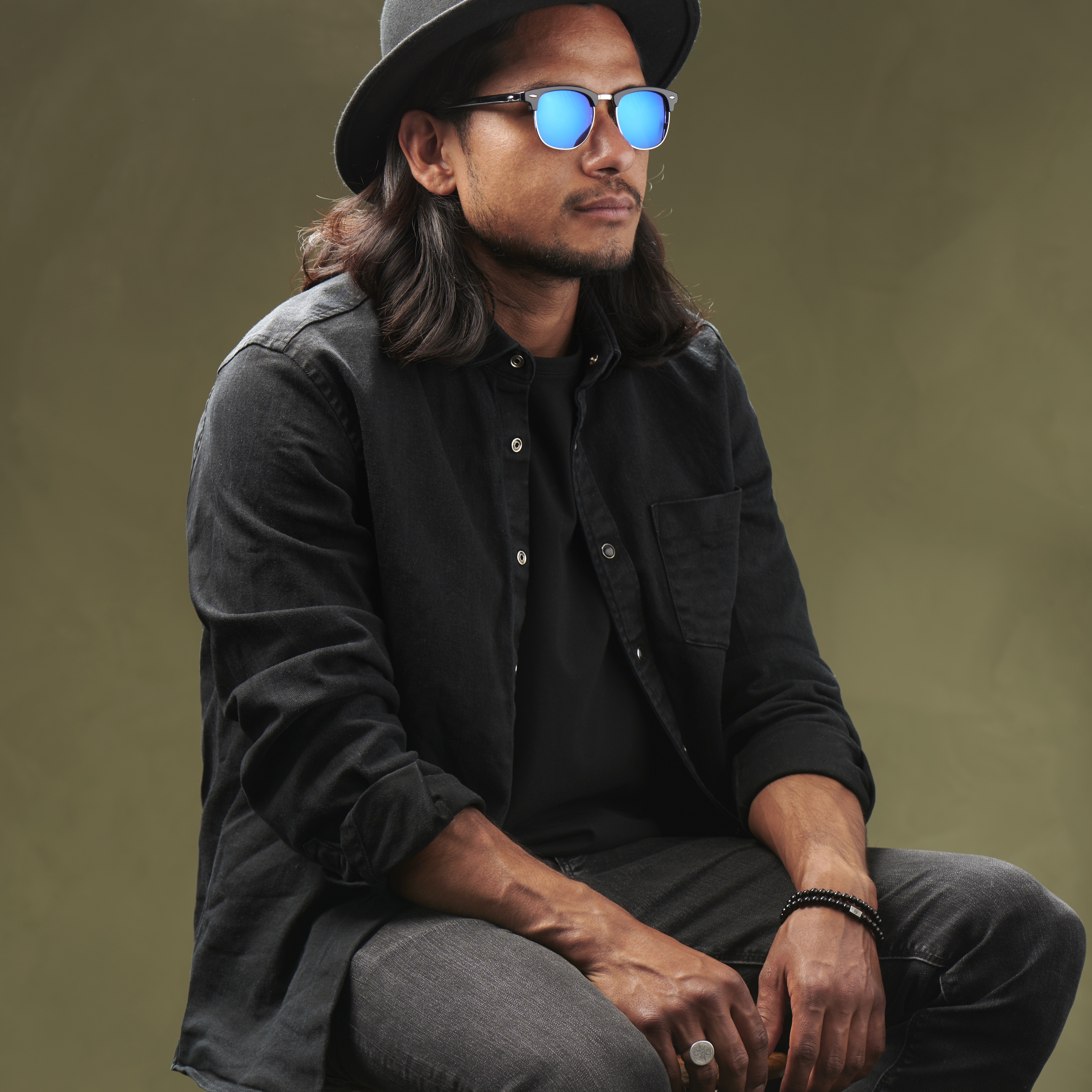 Gafas de sol de espejo semi al aire negro y azul - 5