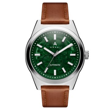 Caron | Зелено-сребрист стоманен часовник с автоматичен видим механизъм