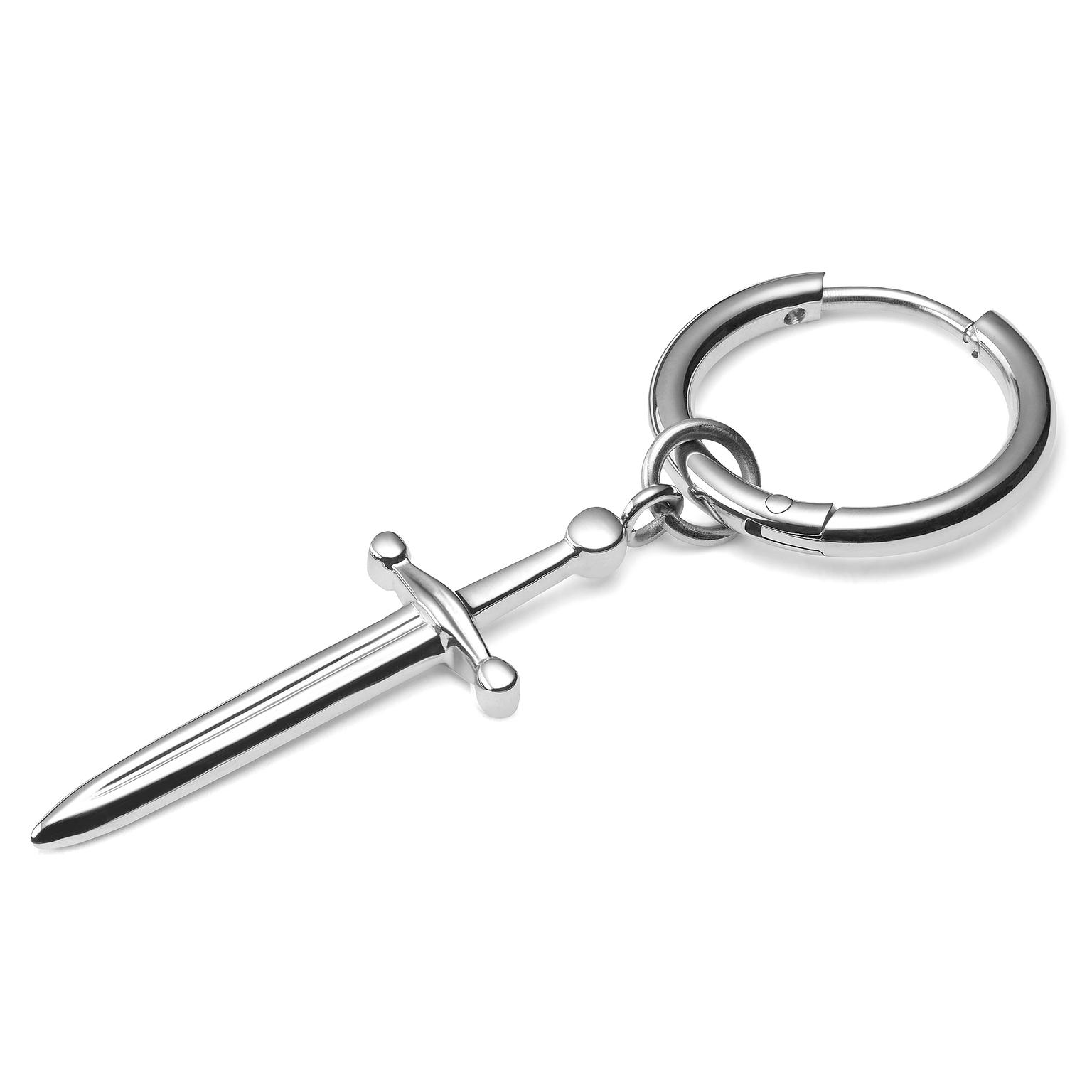 Zilverkleurige Titanium Hoepeloorbel met Bungelend Zwaard-bedeltje Zilverkleurige Titanium Hoepeloorbel met Bungelend Zwaard-bedeltje