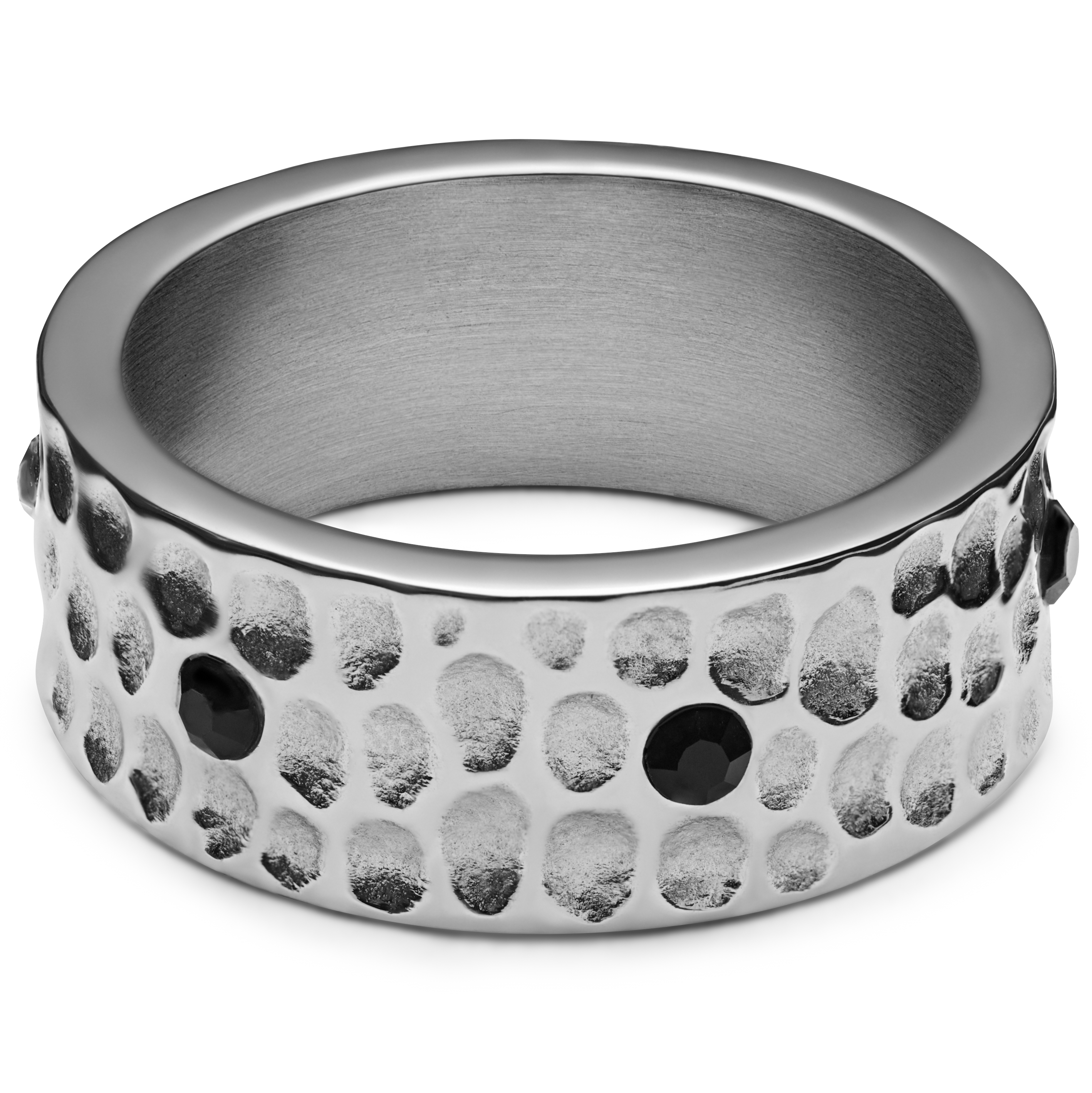 Orphic | 9 mm Zwarte Geslagen Zilverkleurige Roestvrijstalen Ring met Zirkonen - 2